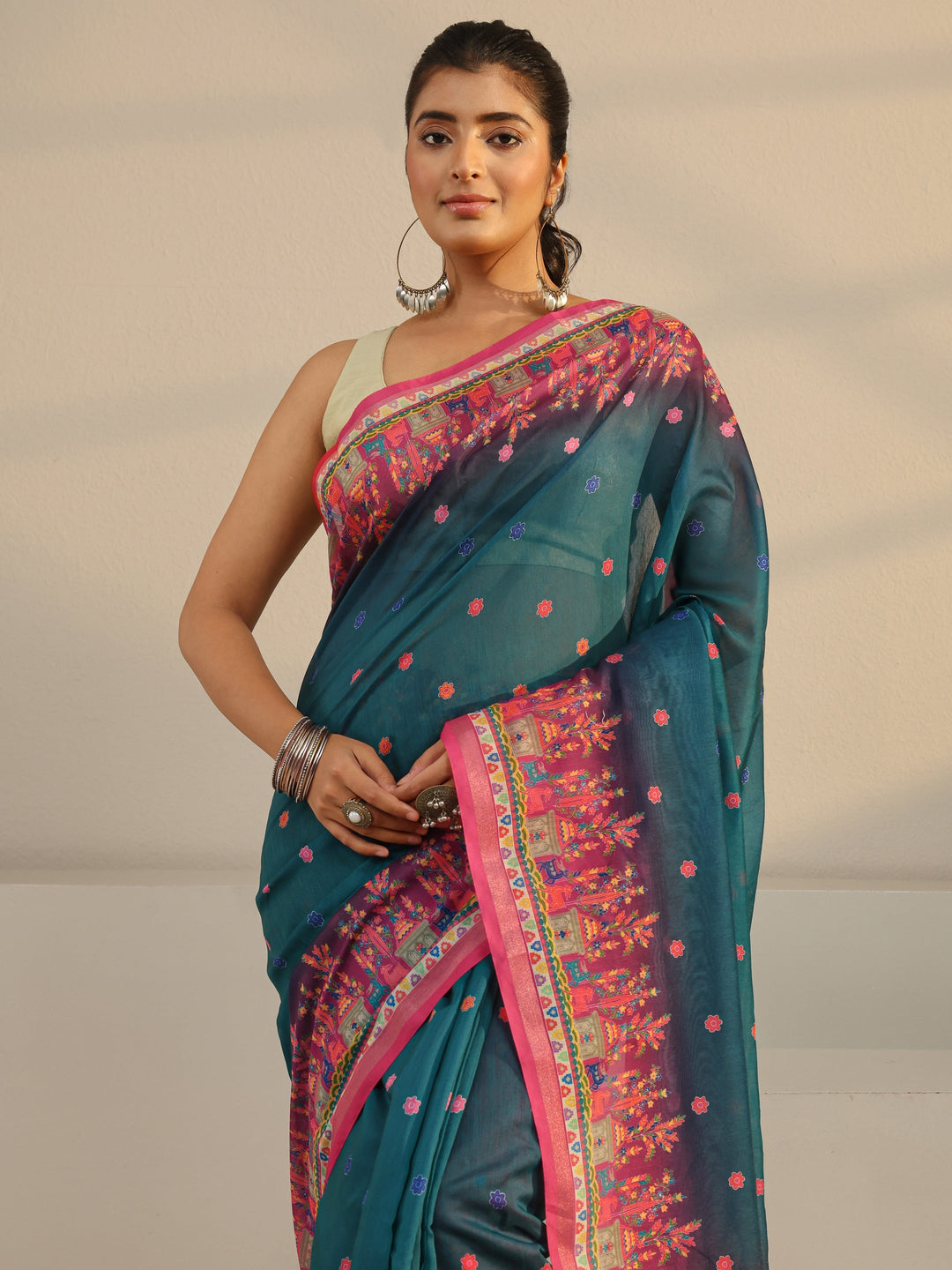  Blue Floral Printed Silk Blend Tassel Saree With Unstitched Blouse Piece 