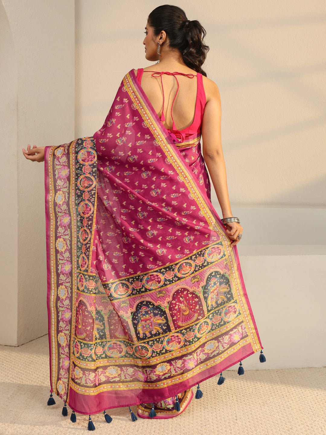  Pink Floral Printed Silk Blend Tassel Saree With Unstitched Blouse Piece 