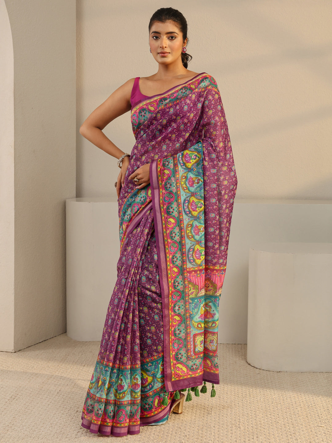  Purple Tribal Printed Silk Blend Tassel Saree With Unstitched Blouse Piece 