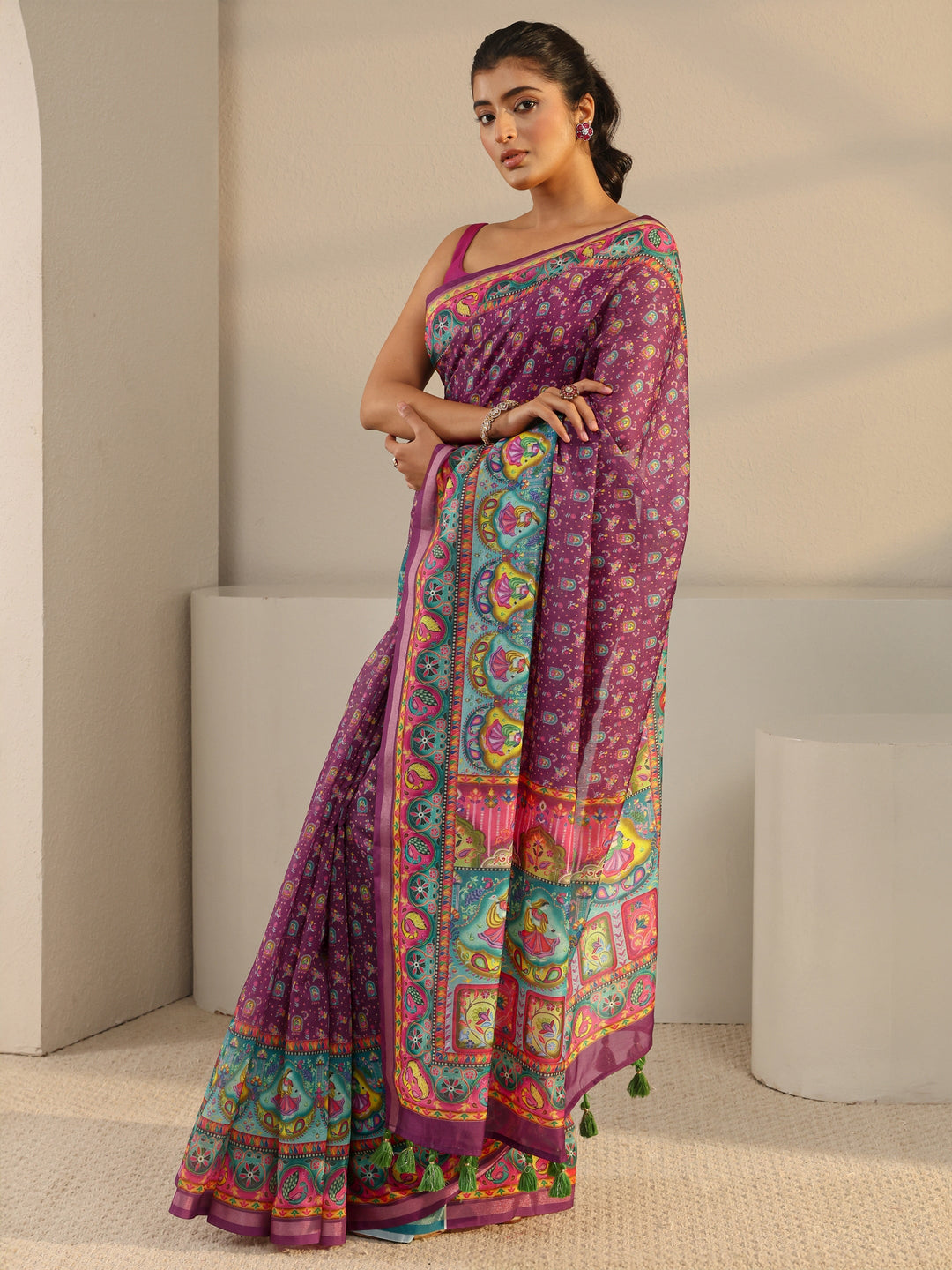  Purple Tribal Printed Silk Blend Tassel Saree With Unstitched Blouse Piece 