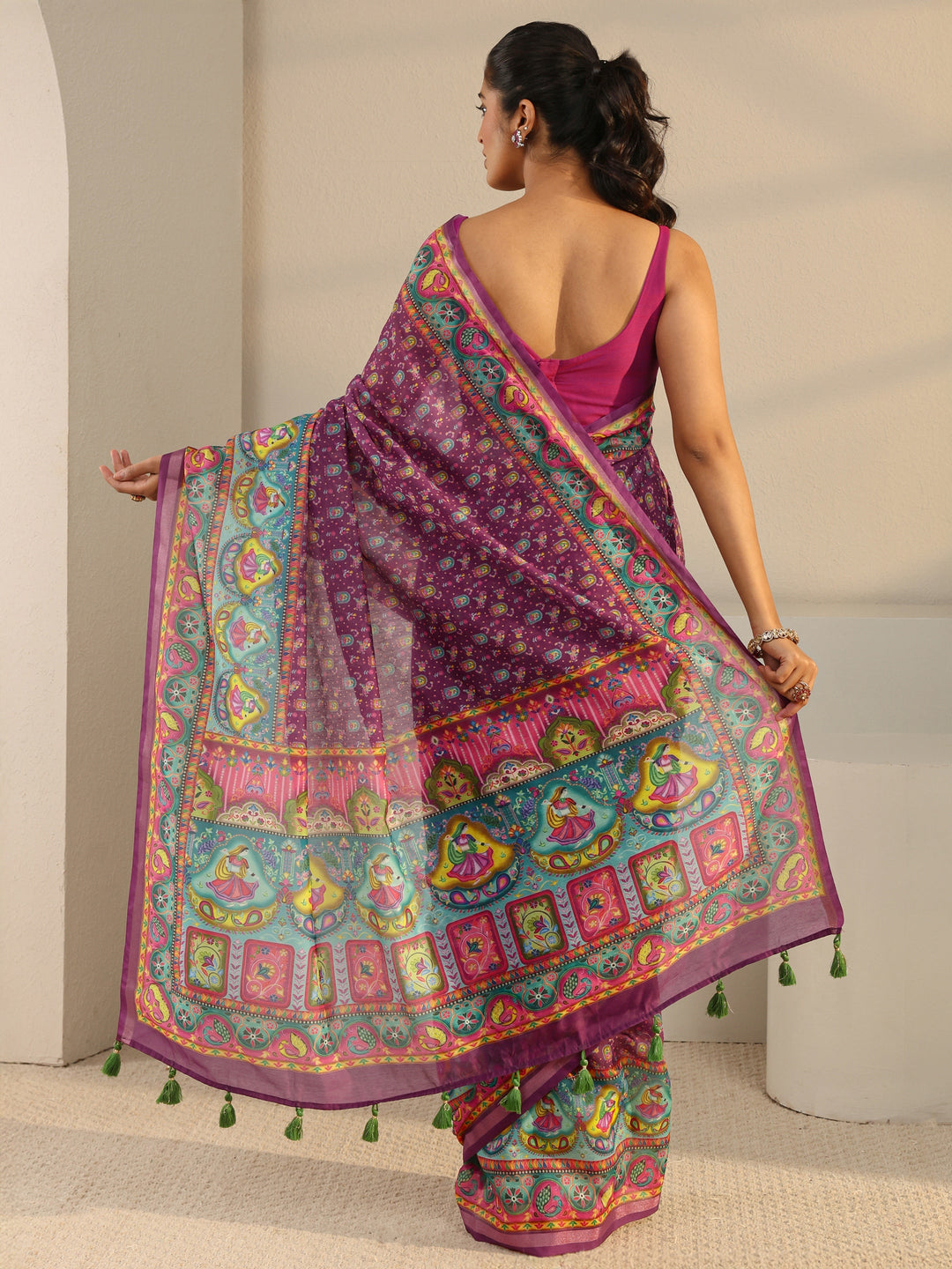  Purple Tribal Printed Silk Blend Tassel Saree With Unstitched Blouse Piece 