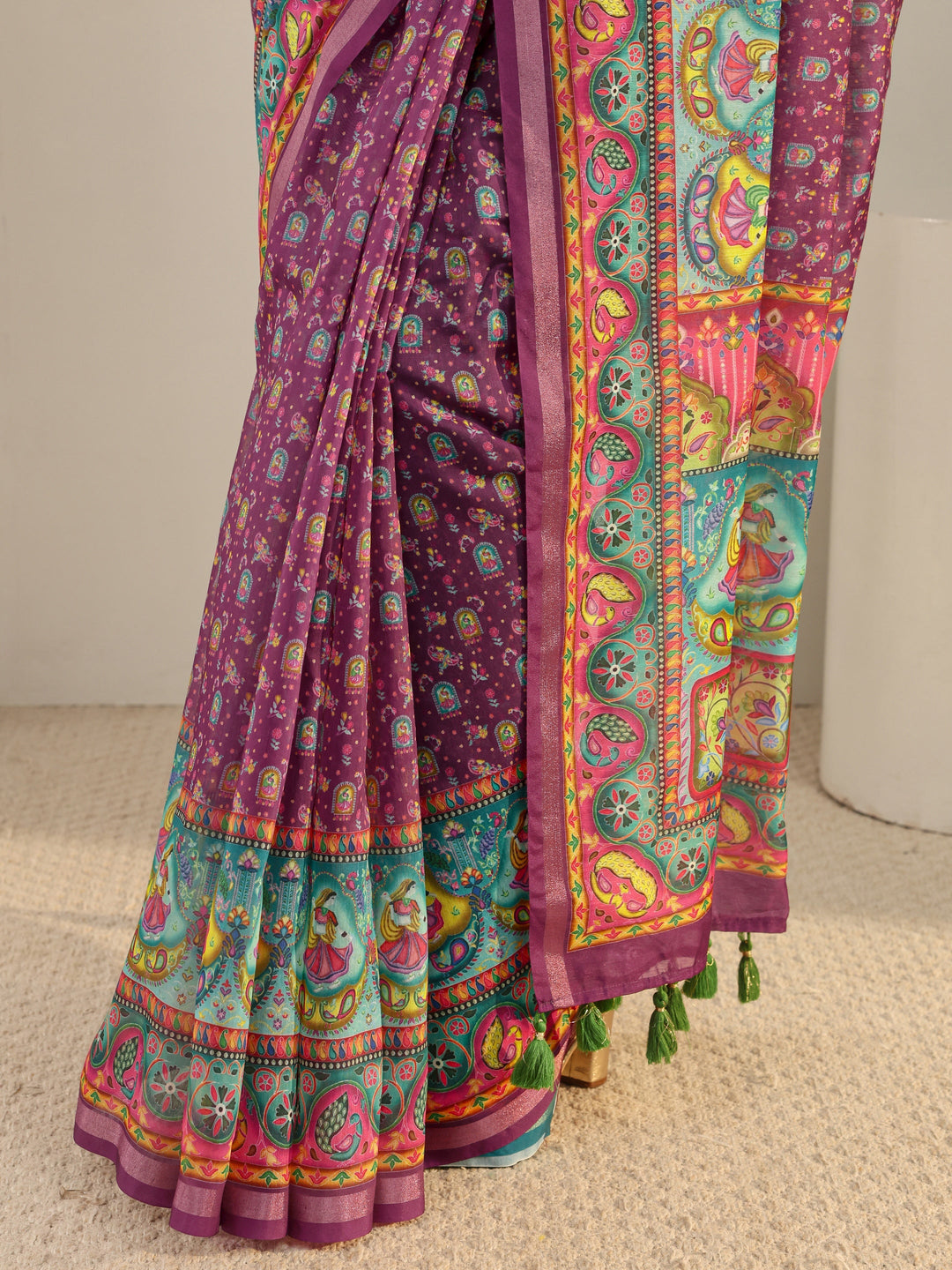  Purple Tribal Printed Silk Blend Tassel Saree With Unstitched Blouse Piece 