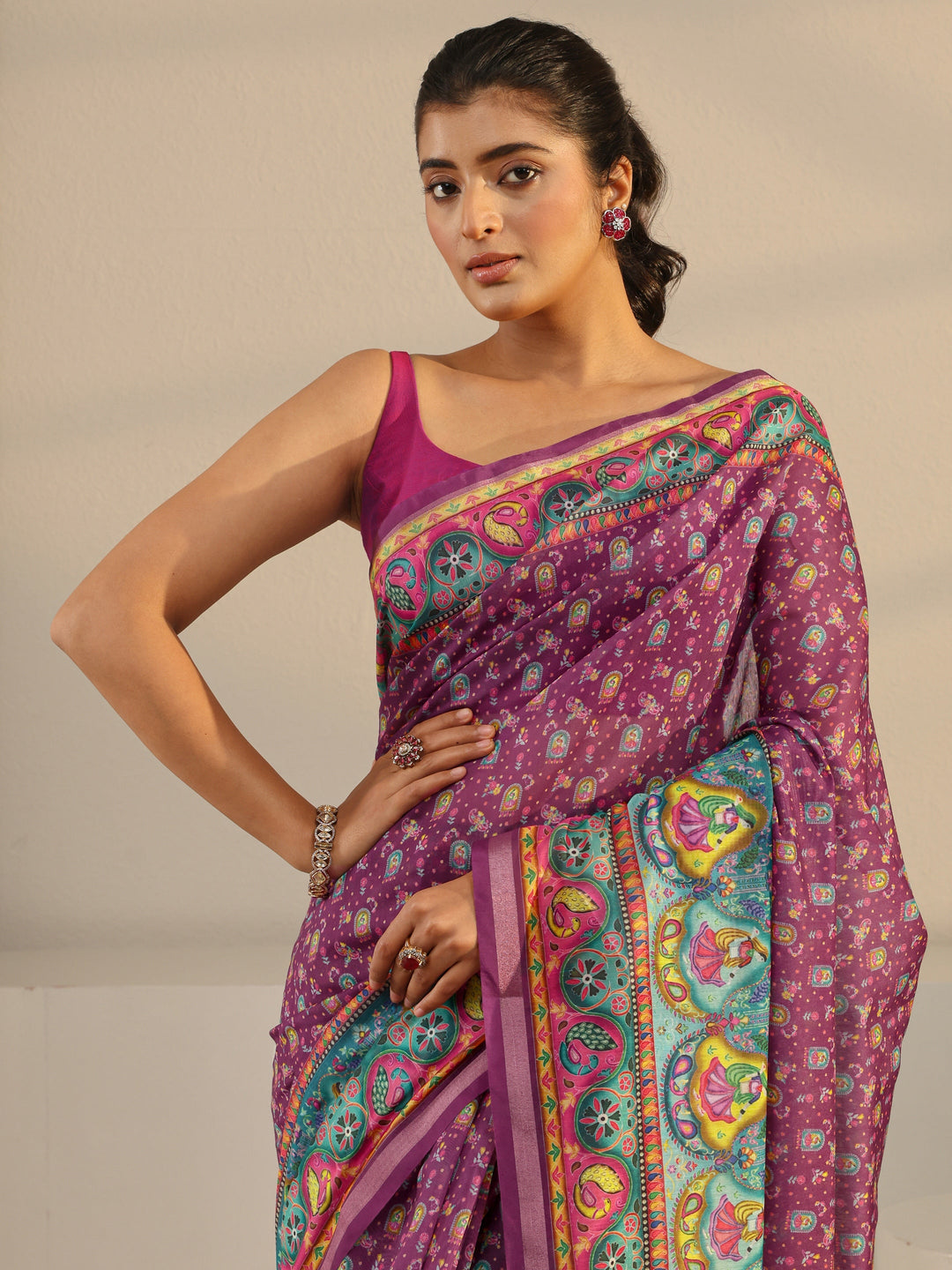  Purple Tribal Printed Silk Blend Tassel Saree With Unstitched Blouse Piece 