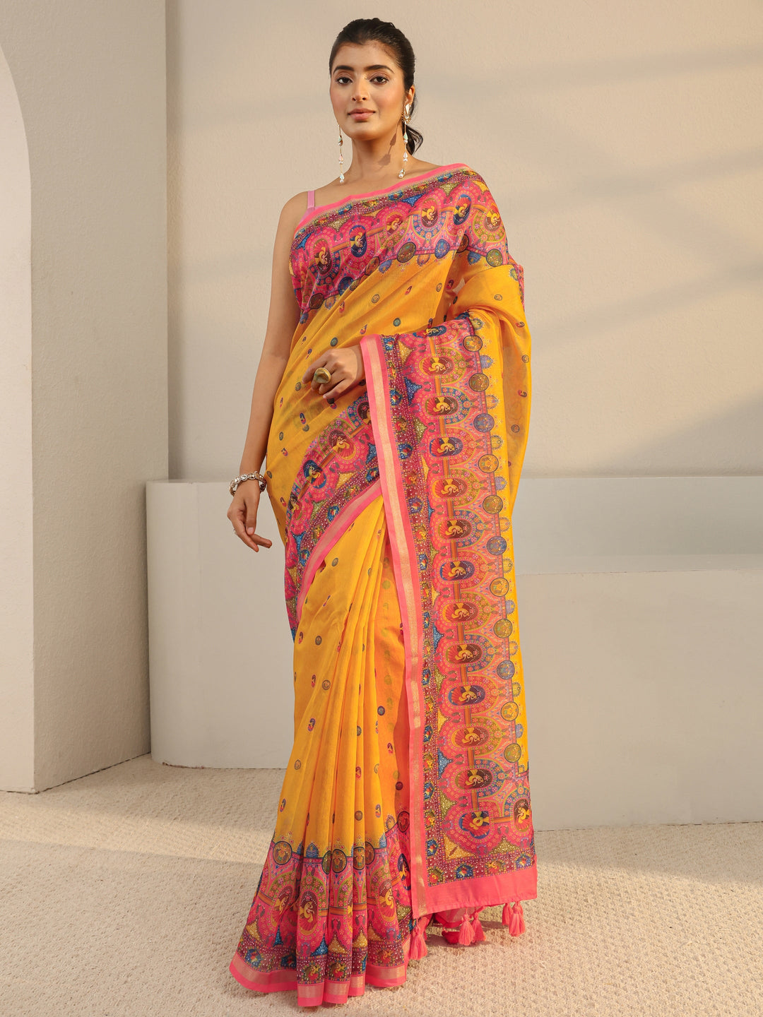  Mustard Tribal Printed Silk Blend Tassel Saree With Unstitched Blouse Piece 