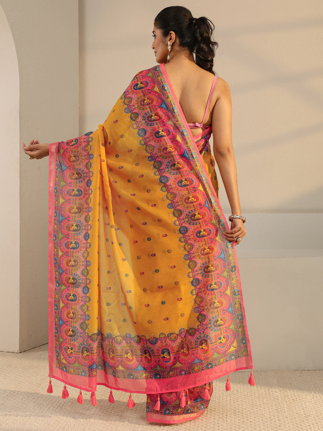  Mustard Tribal Printed Silk Blend Tassel Saree With Unstitched Blouse Piece 