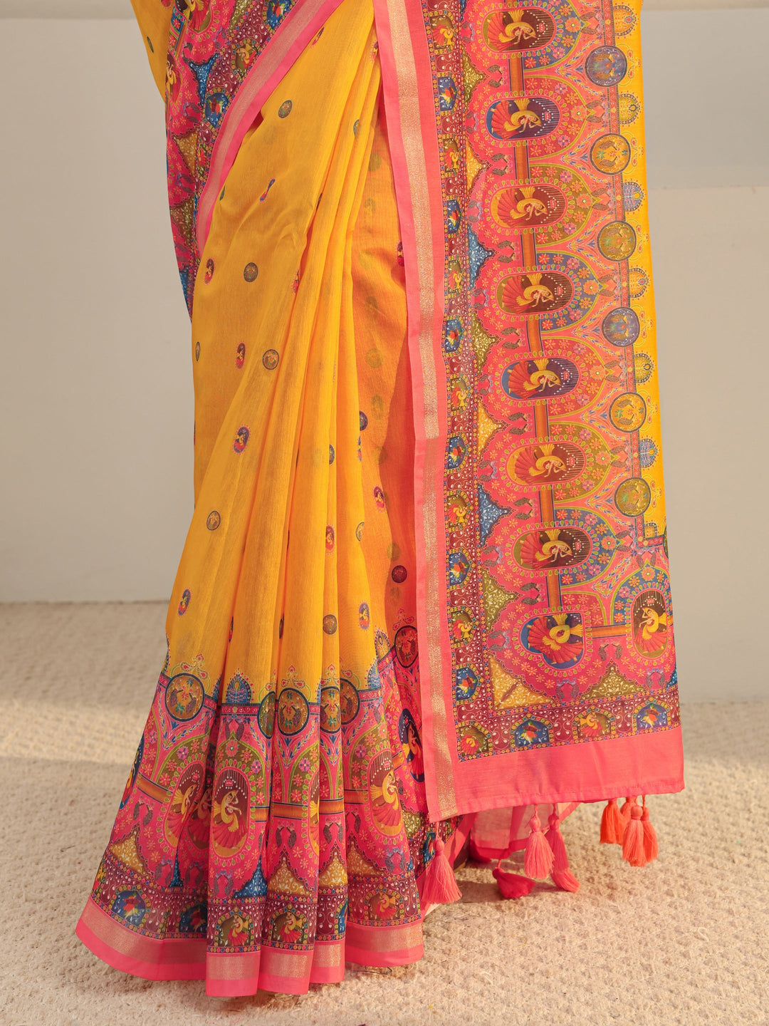  Mustard Tribal Printed Silk Blend Tassel Saree With Unstitched Blouse Piece 