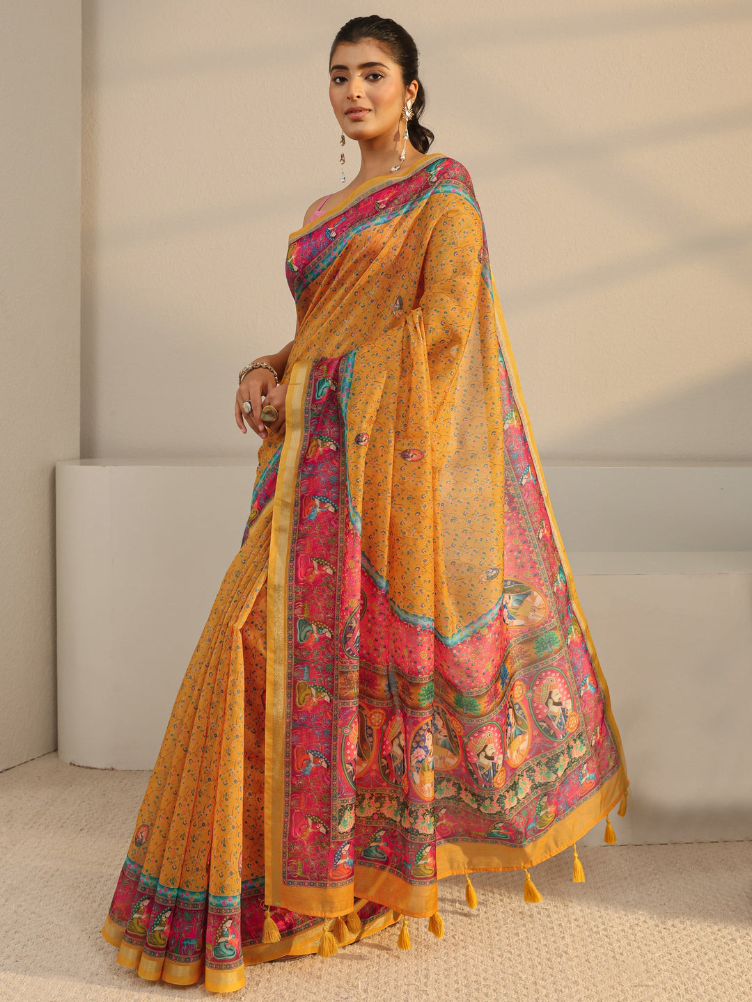  Mustard Mughal Printed Silk Blend Tassel Saree With Unstitched Blouse Piece 