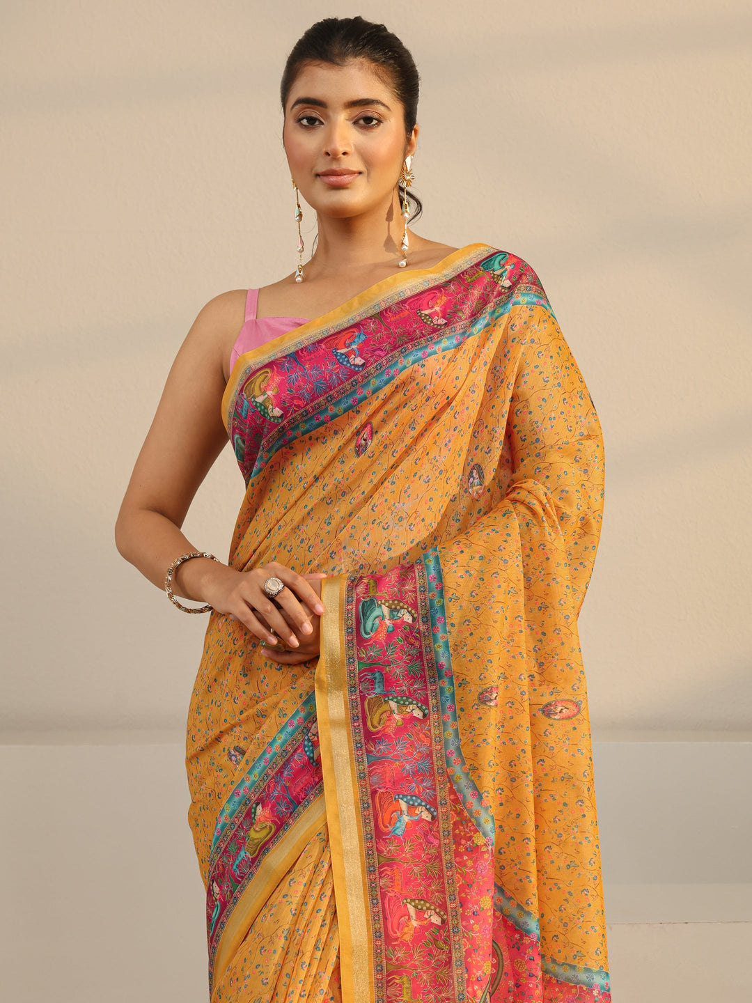  Mustard Mughal Printed Silk Blend Tassel Saree With Unstitched Blouse Piece 