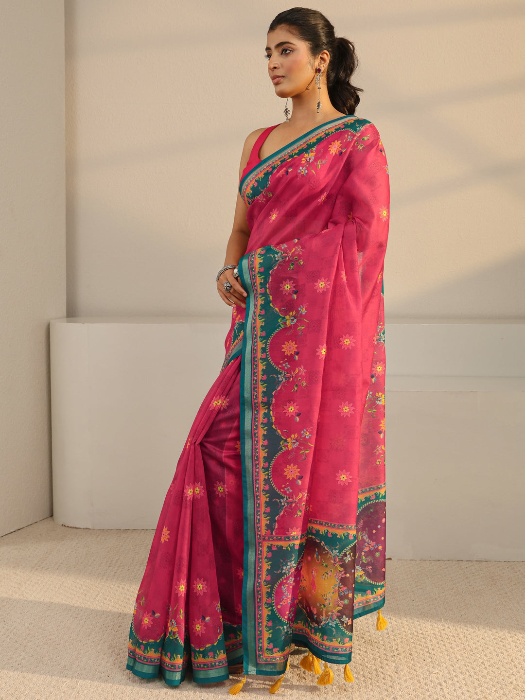  Pink Floral Printed Silk Blend Tassel Saree With Unstitched Blouse Piece 