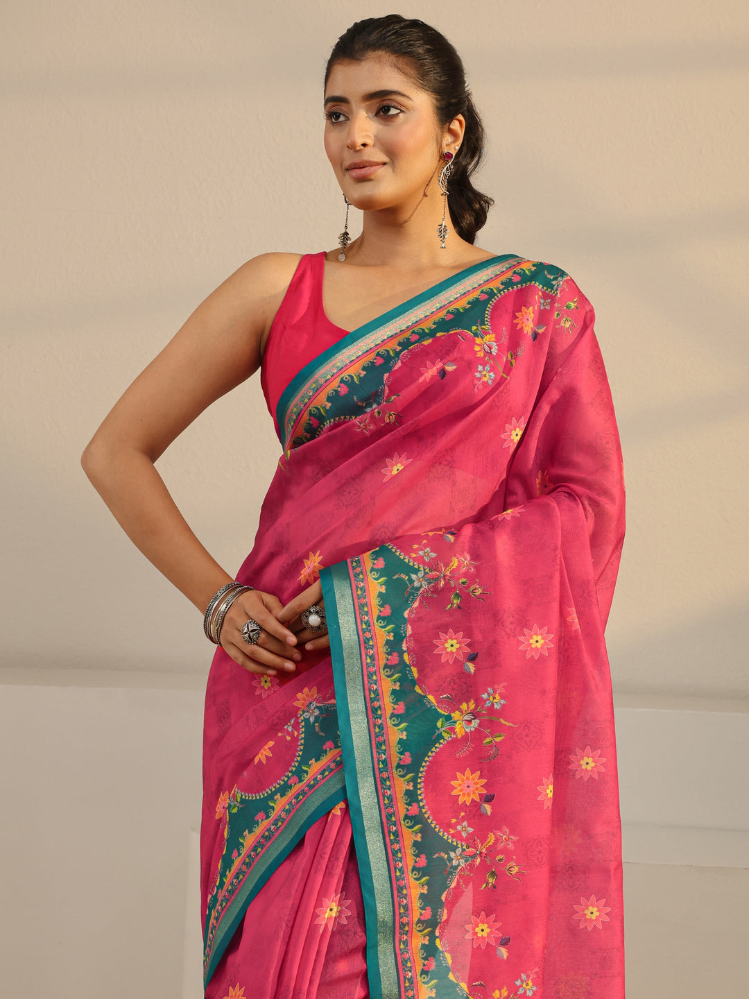  Pink Floral Printed Silk Blend Tassel Saree With Unstitched Blouse Piece 