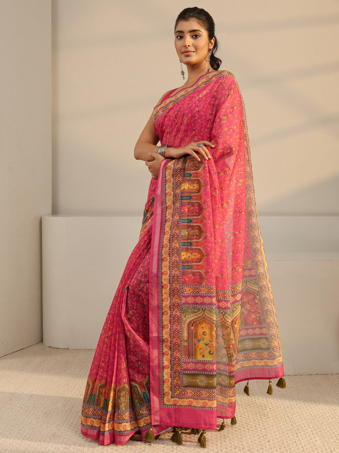  Pink Floral Printed Silk Blend Tassel Saree With Unstitched Blouse Piece 