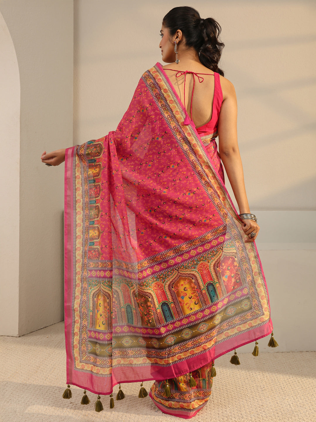 Pink Floral Printed Silk Blend Tassel Saree With Unstitched Blouse Piece 