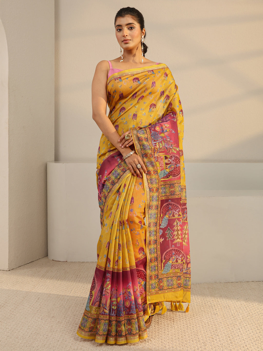  Mustard Tribal Printed Silk Blend Tassel Saree With Unstitched Blouse Piece 