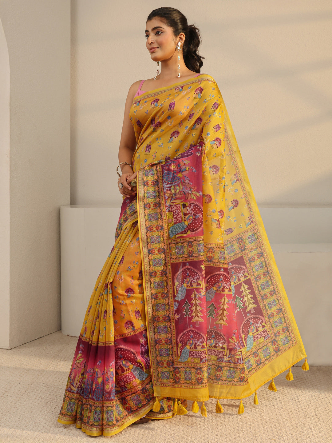  Mustard Tribal Printed Silk Blend Tassel Saree With Unstitched Blouse Piece 