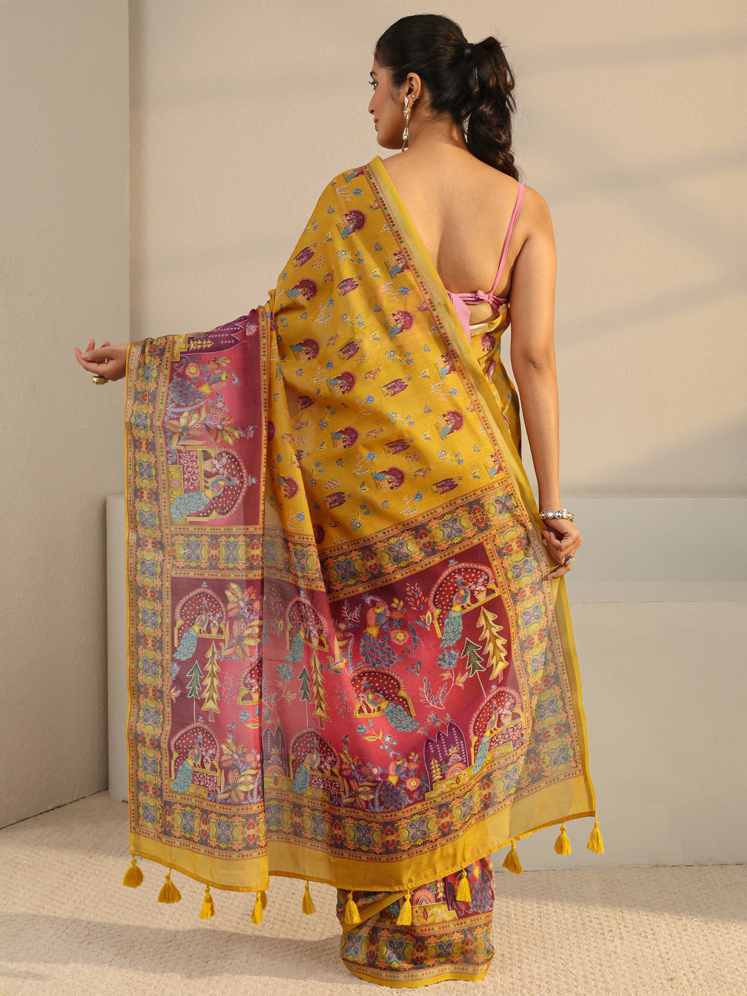  Mustard Tribal Printed Silk Blend Tassel Saree With Unstitched Blouse Piece 