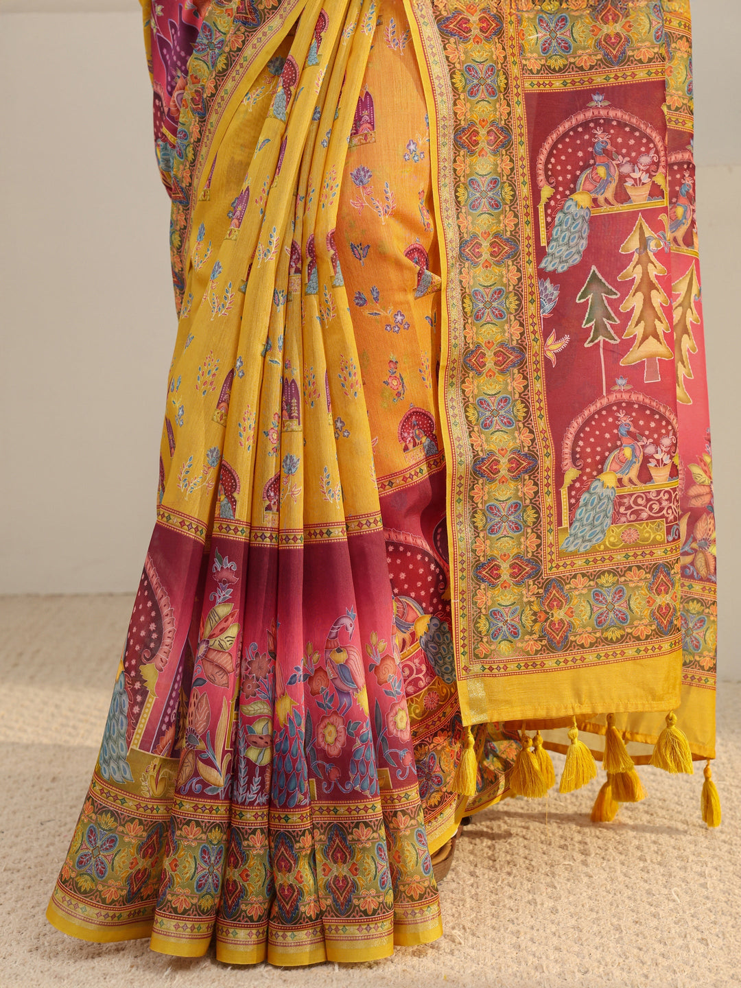  Mustard Tribal Printed Silk Blend Tassel Saree With Unstitched Blouse Piece 