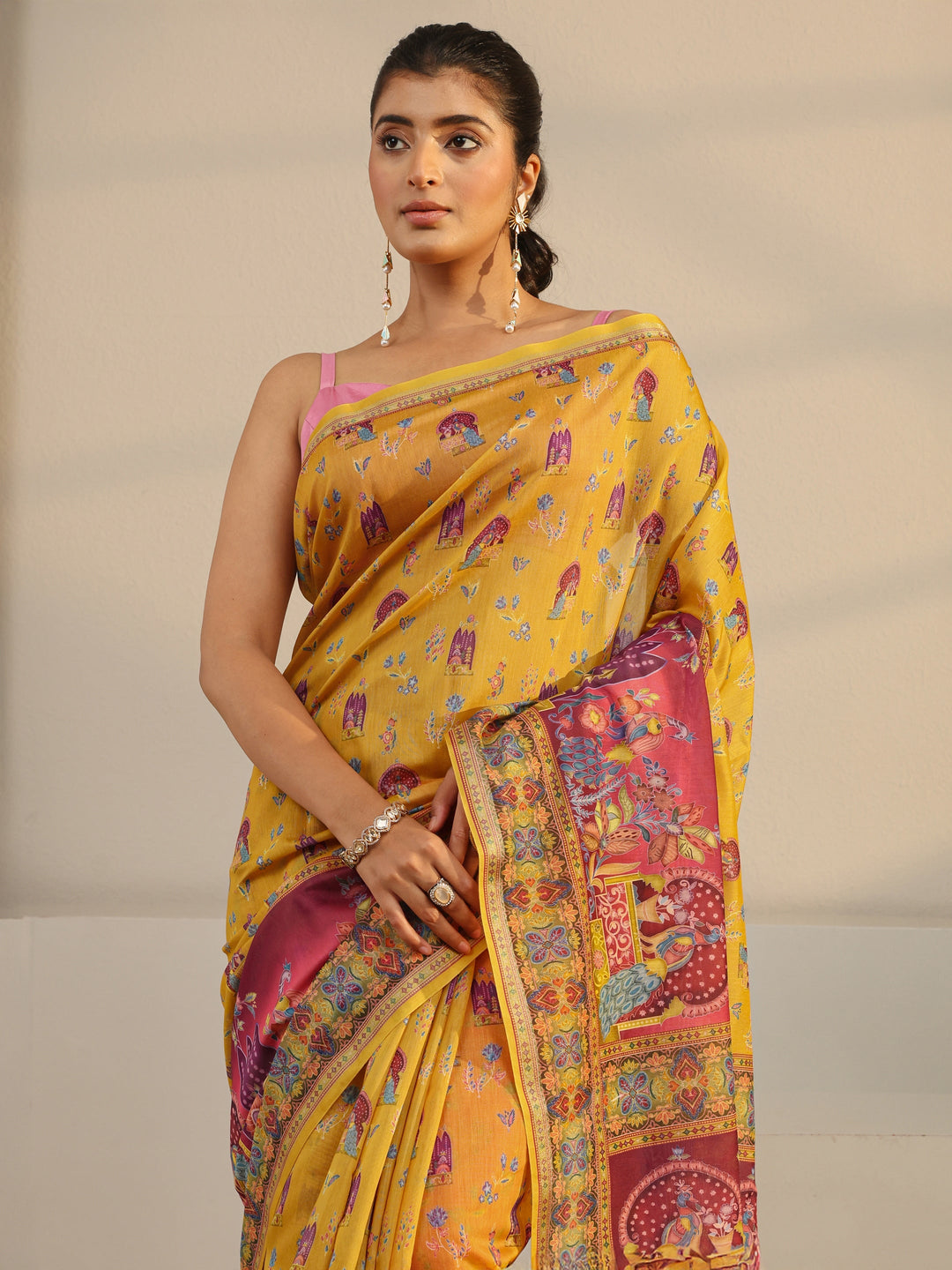  Mustard Tribal Printed Silk Blend Tassel Saree With Unstitched Blouse Piece 