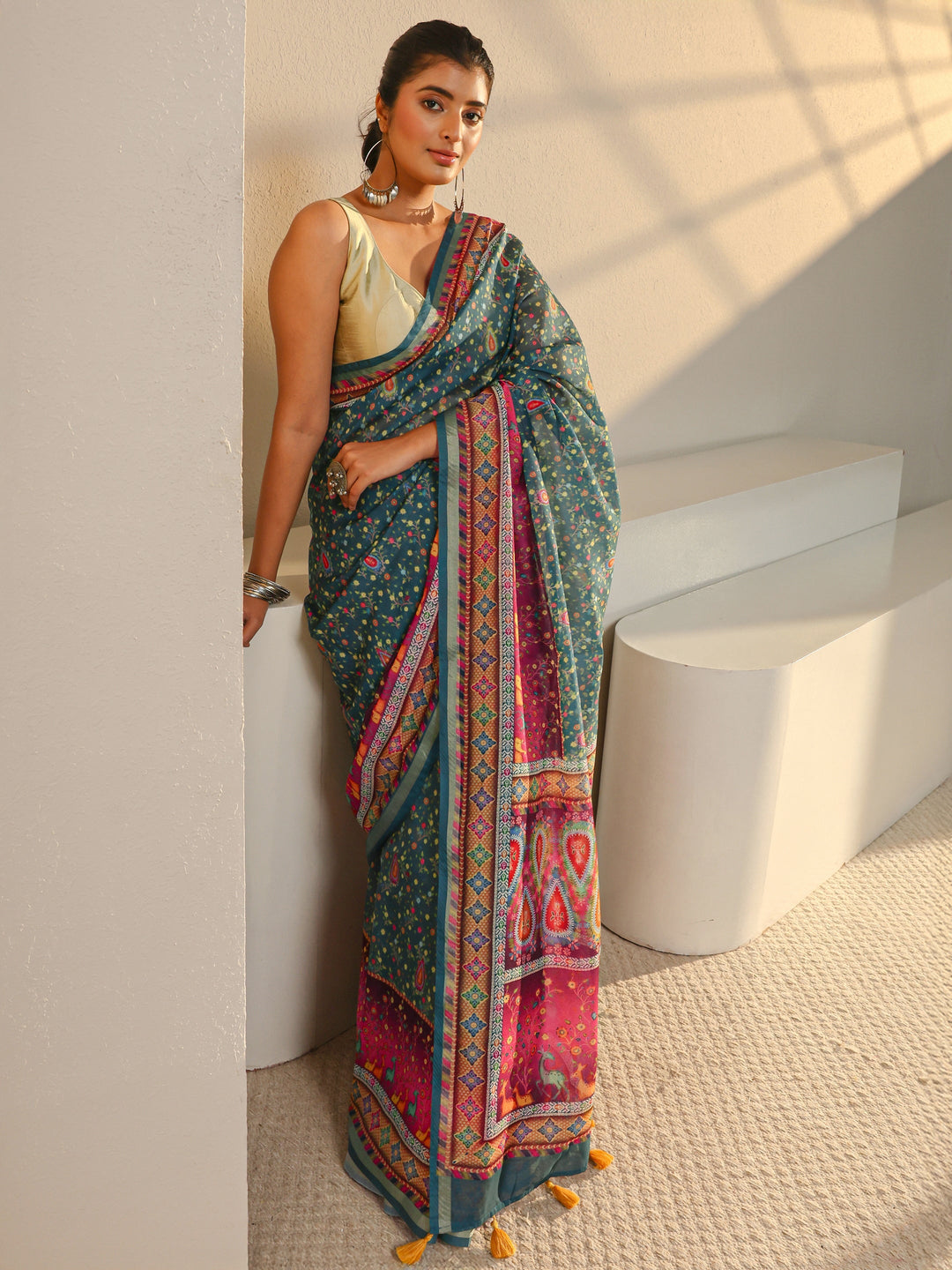  Green Floral Printed Silk Blend Tassel Saree With Unstitched Blouse Piece 