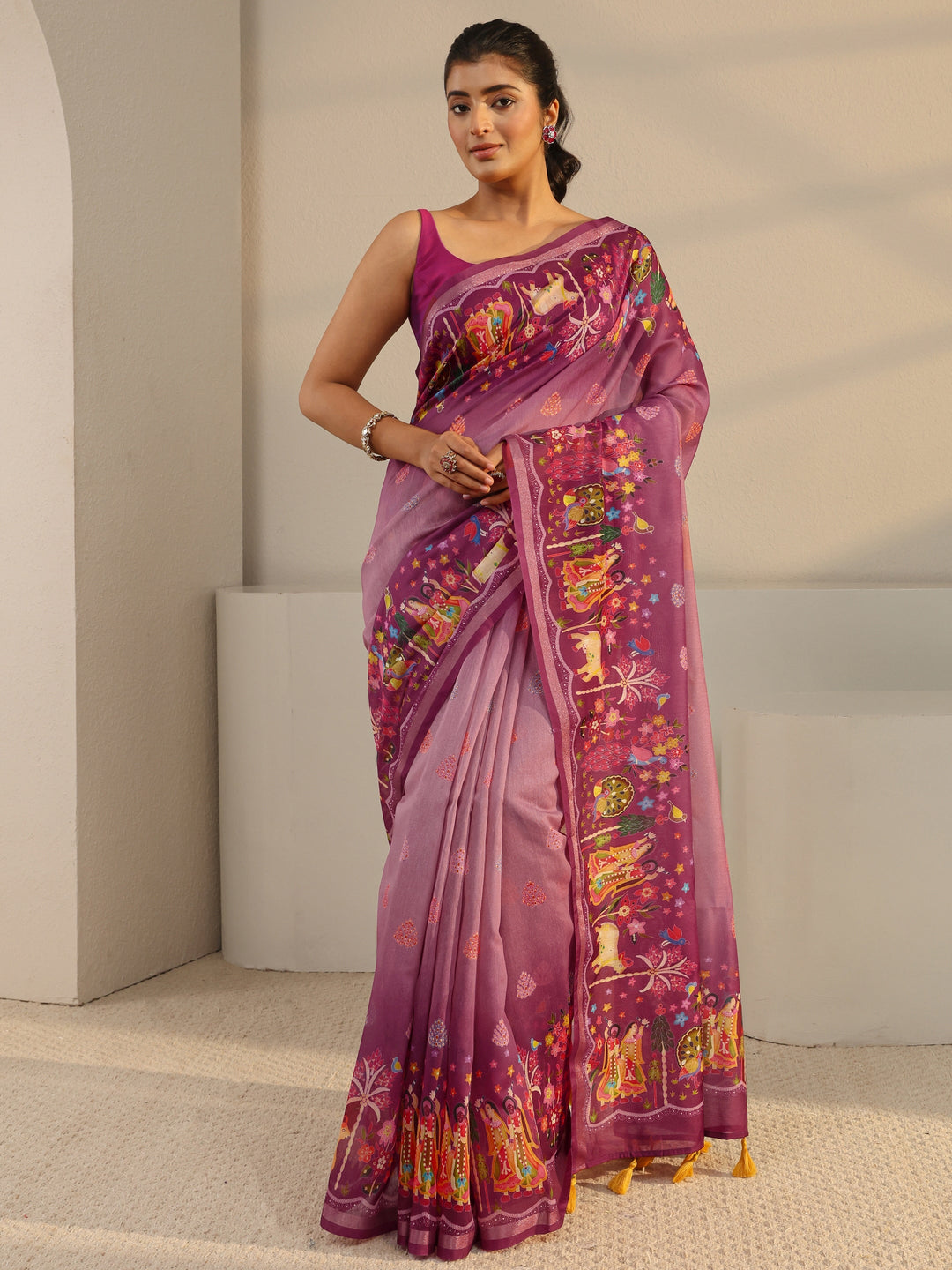  Purple Tribal Printed Silk Blend Tassel Saree With Unstitched Blouse Piece 