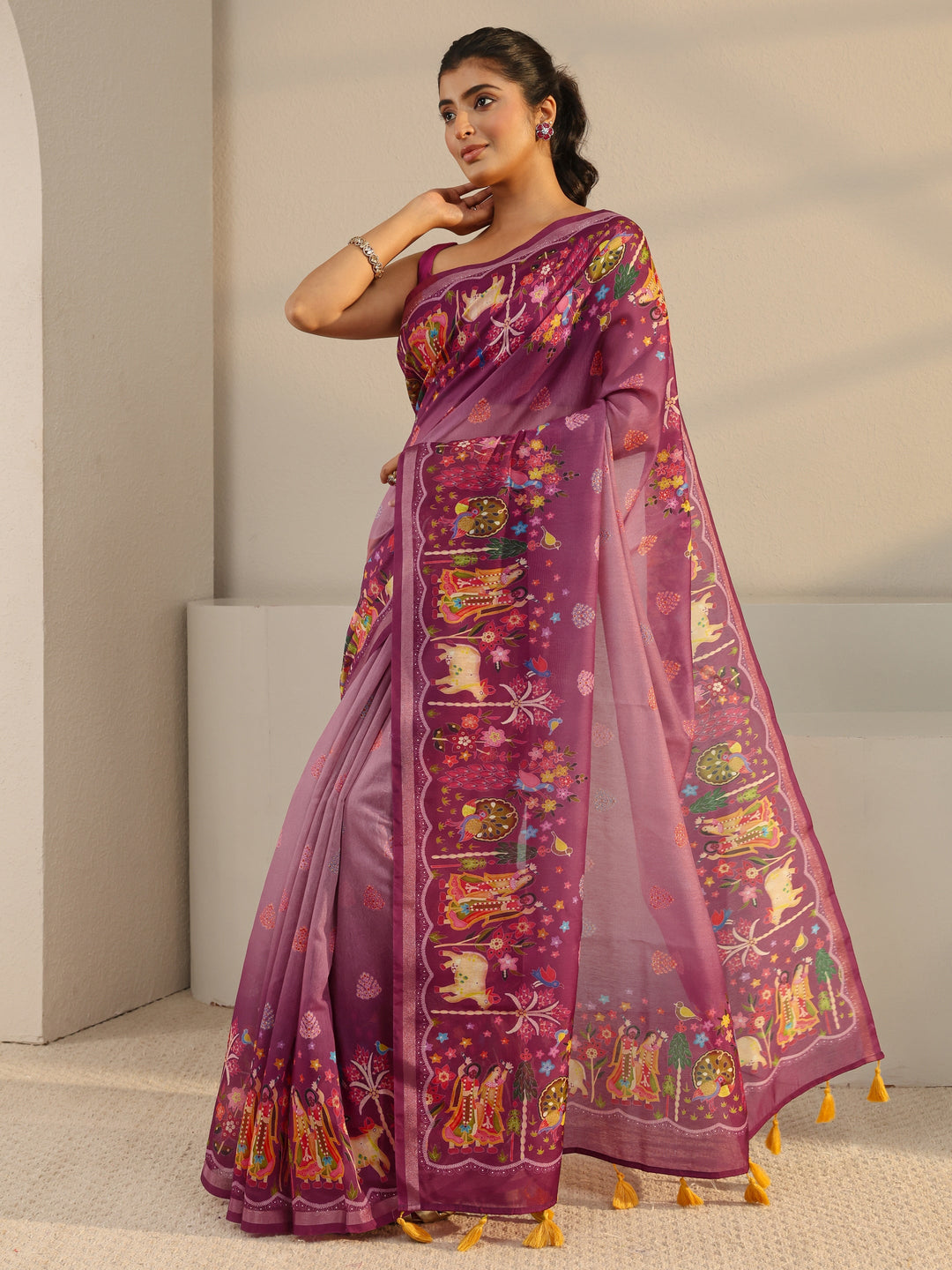  Purple Tribal Printed Silk Blend Tassel Saree With Unstitched Blouse Piece 