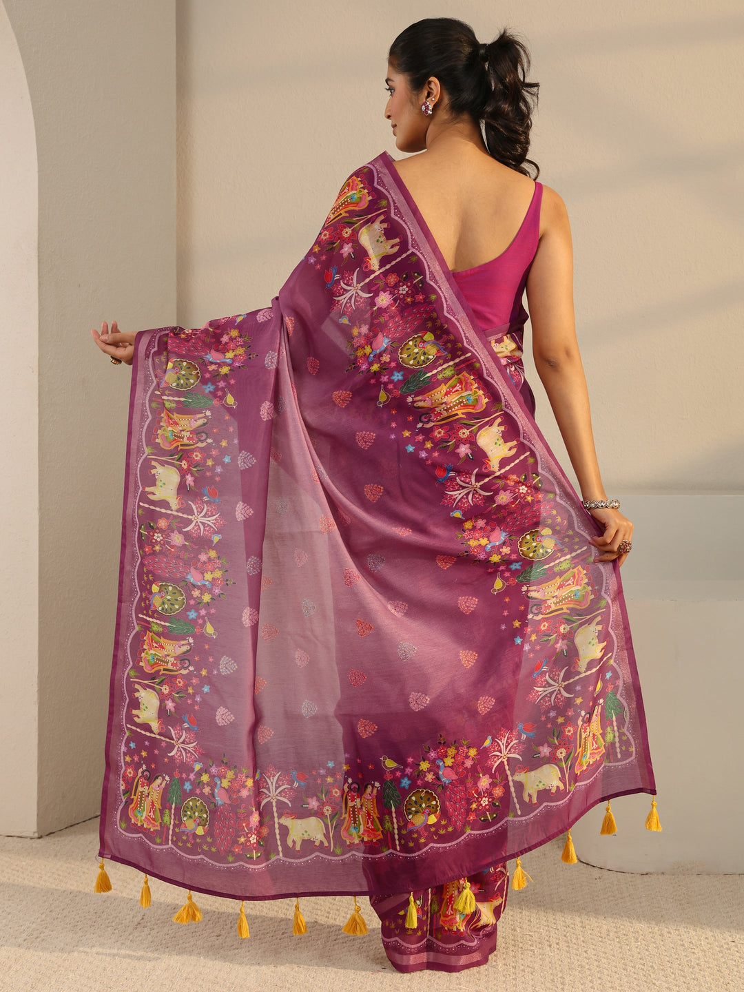  Purple Tribal Printed Silk Blend Tassel Saree With Unstitched Blouse Piece 