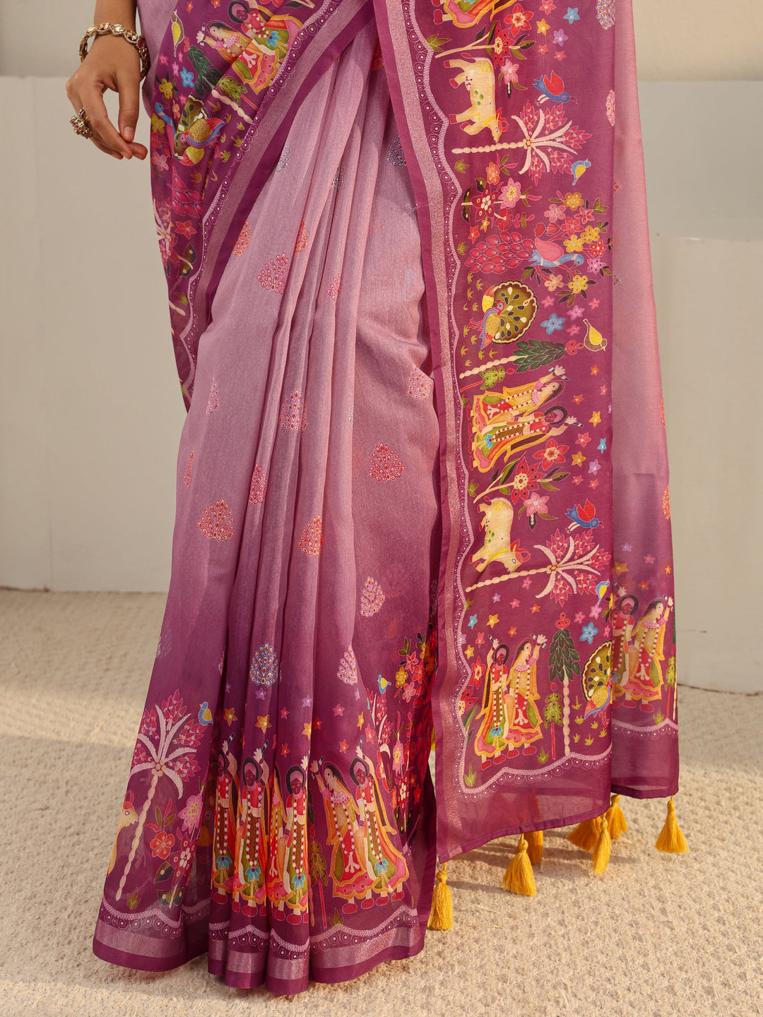  Purple Tribal Printed Silk Blend Tassel Saree With Unstitched Blouse Piece 