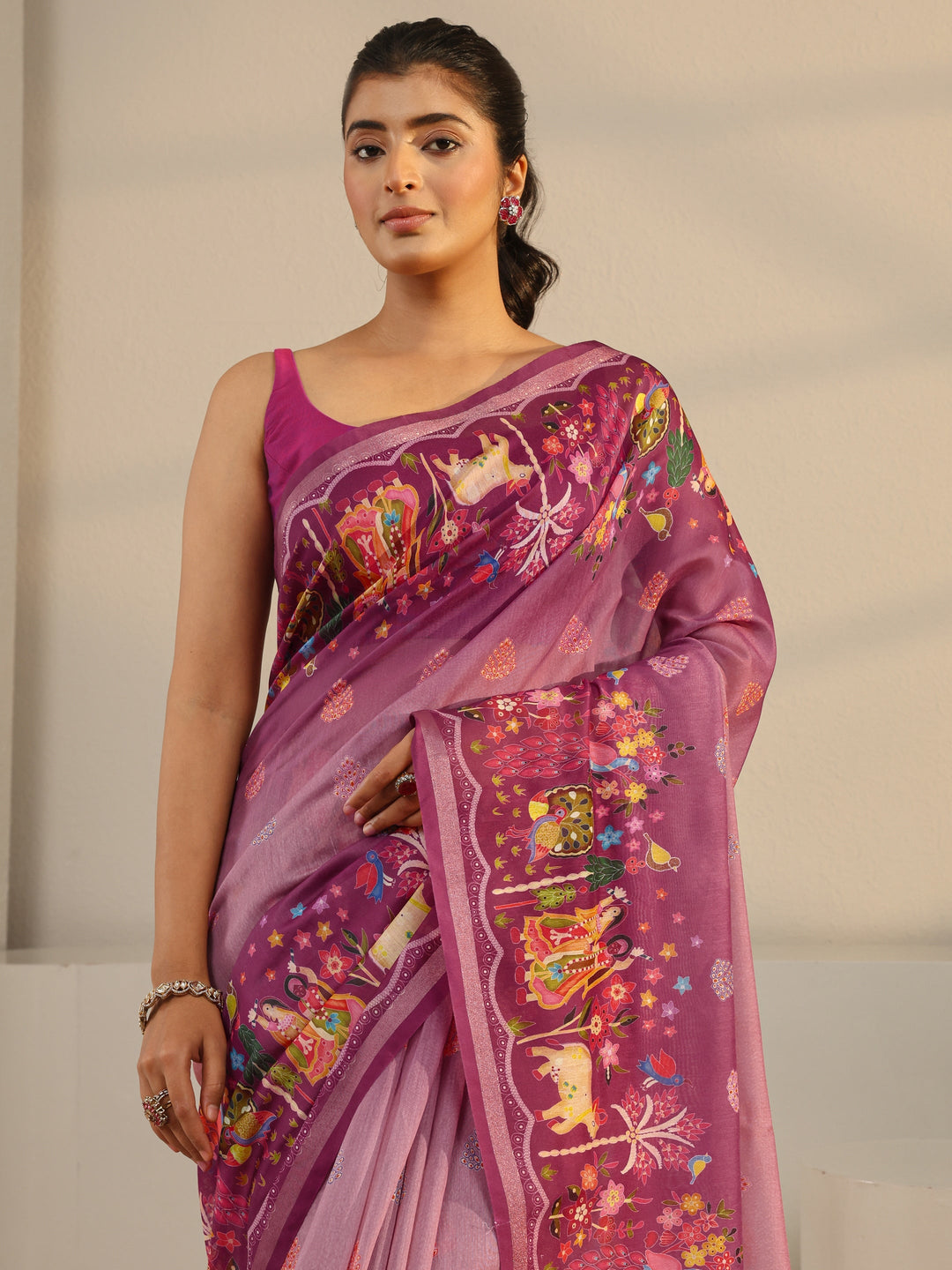  Purple Tribal Printed Silk Blend Tassel Saree With Unstitched Blouse Piece 