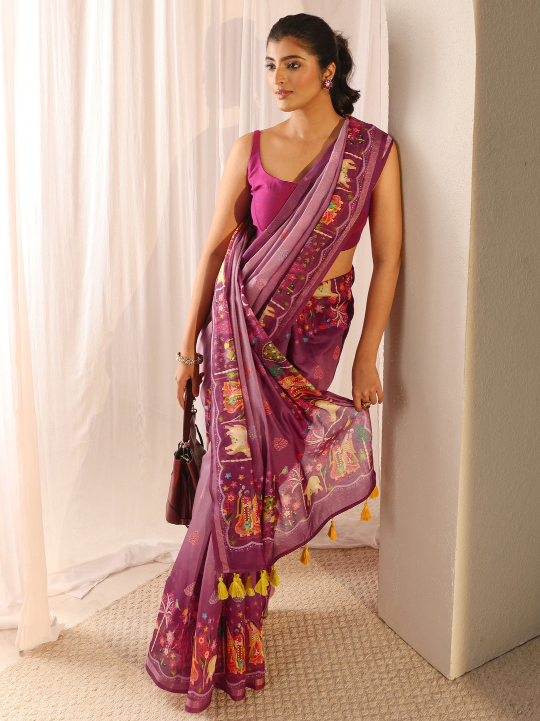  Purple Tribal Printed Silk Blend Tassel Saree With Unstitched Blouse Piece 