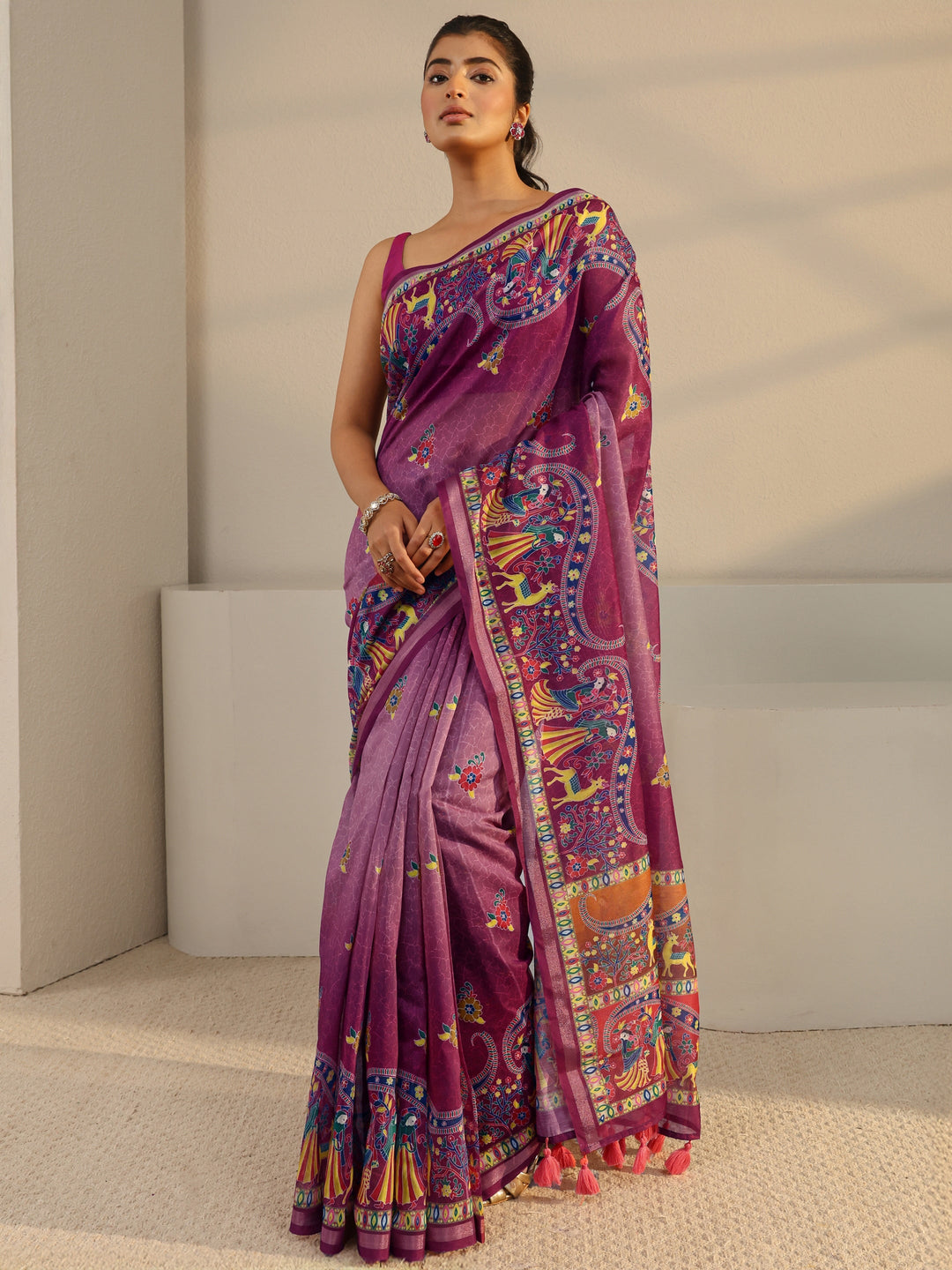  Purple Tribal Printed Silk Blend Tassel Saree With Unstitched Blouse Piece 