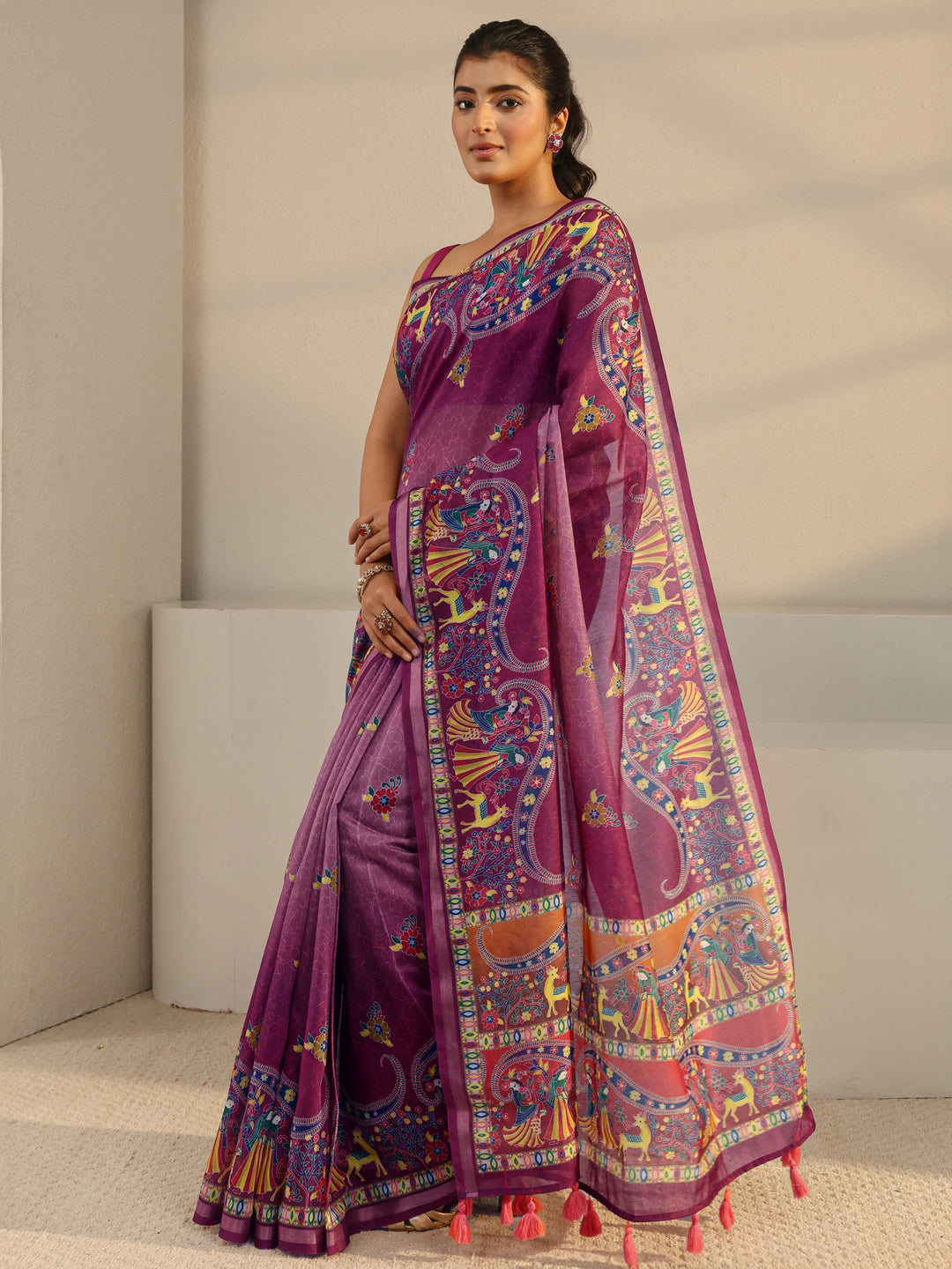  Purple Tribal Printed Silk Blend Tassel Saree With Unstitched Blouse Piece 