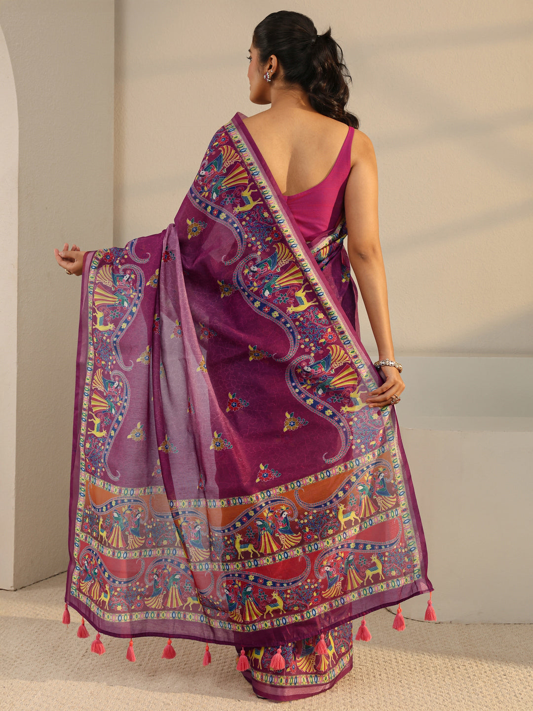  Purple Tribal Printed Silk Blend Tassel Saree With Unstitched Blouse Piece 