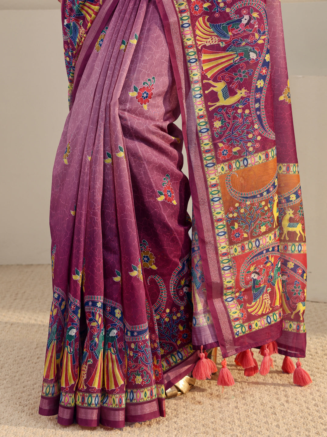  Purple Tribal Printed Silk Blend Tassel Saree With Unstitched Blouse Piece 