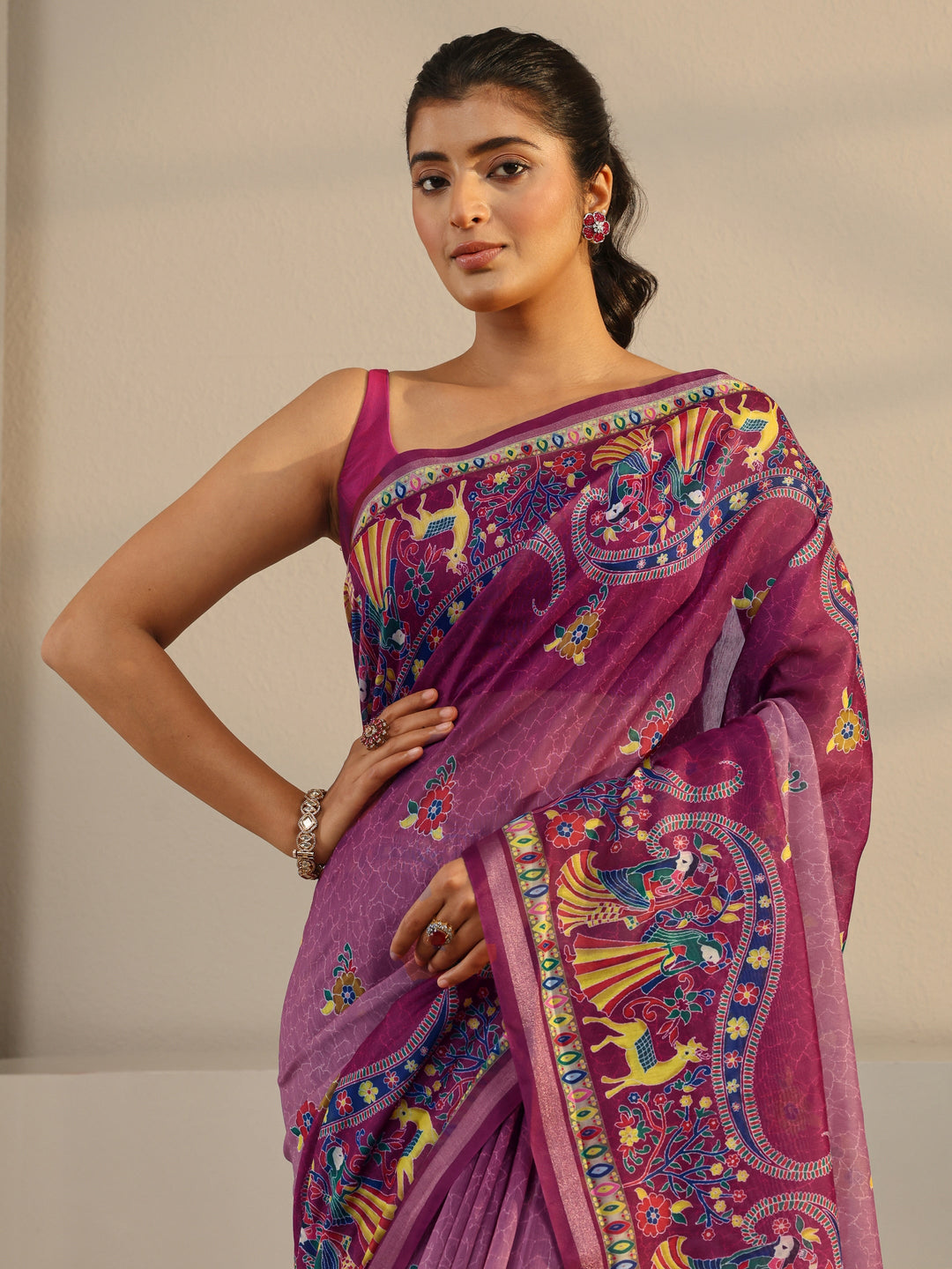  Purple Tribal Printed Silk Blend Tassel Saree With Unstitched Blouse Piece 