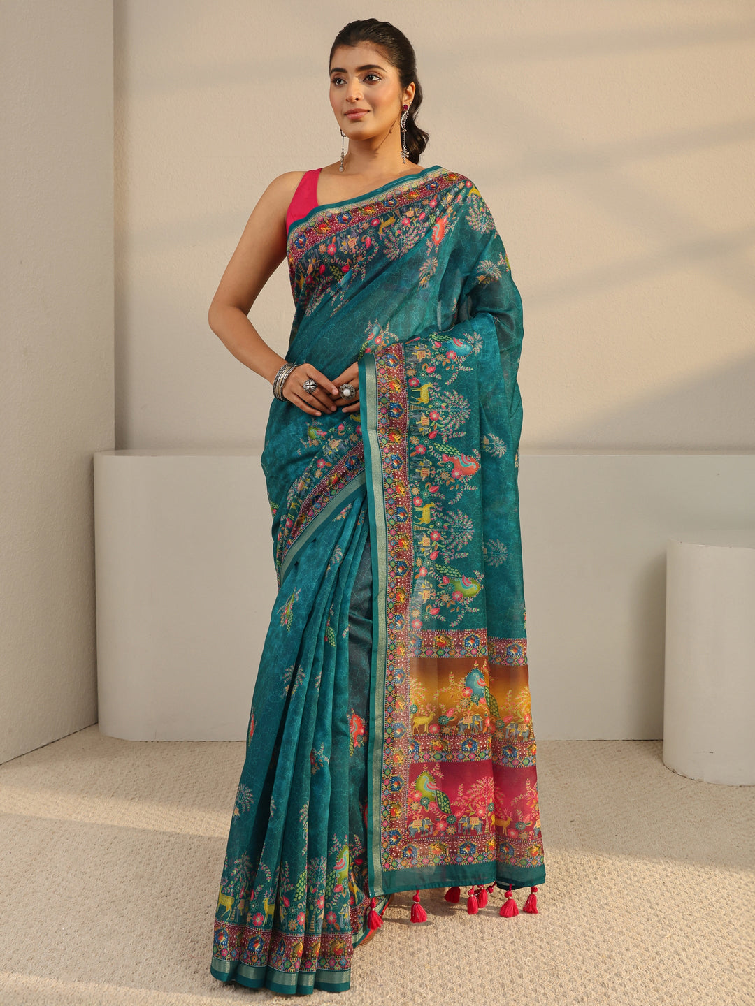  Green Floral Printed Silk Blend Tassel Saree With Unstitched Blouse Piece 