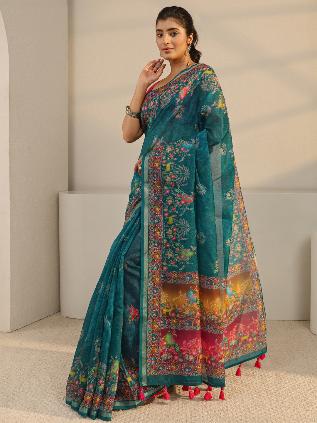  Green Floral Printed Silk Blend Tassel Saree With Unstitched Blouse Piece 