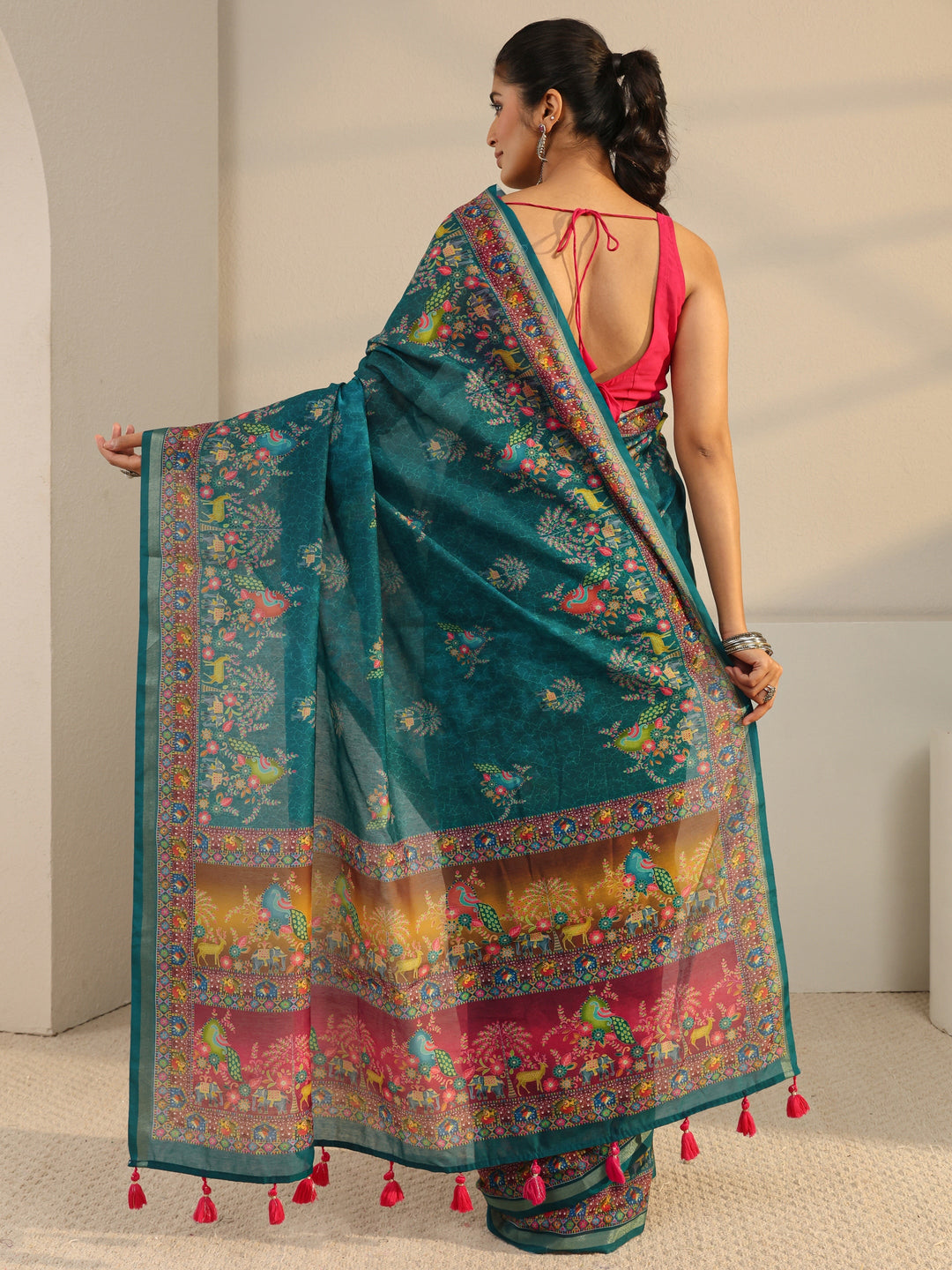  Green Floral Printed Silk Blend Tassel Saree With Unstitched Blouse Piece 