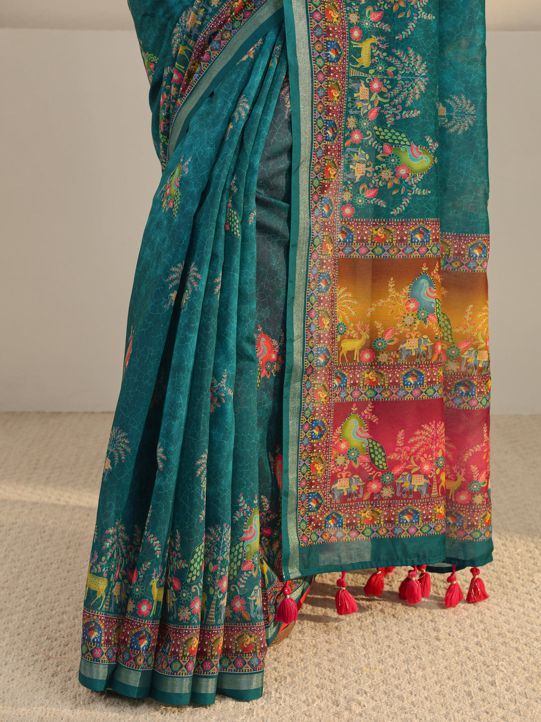  Green Floral Printed Silk Blend Tassel Saree With Unstitched Blouse Piece 