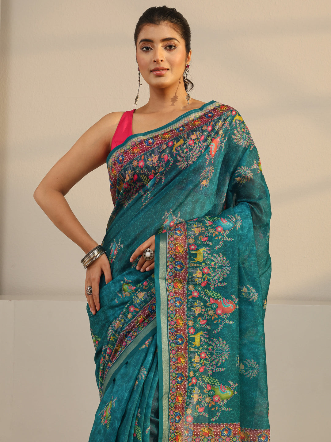  Green Floral Printed Silk Blend Tassel Saree With Unstitched Blouse Piece 