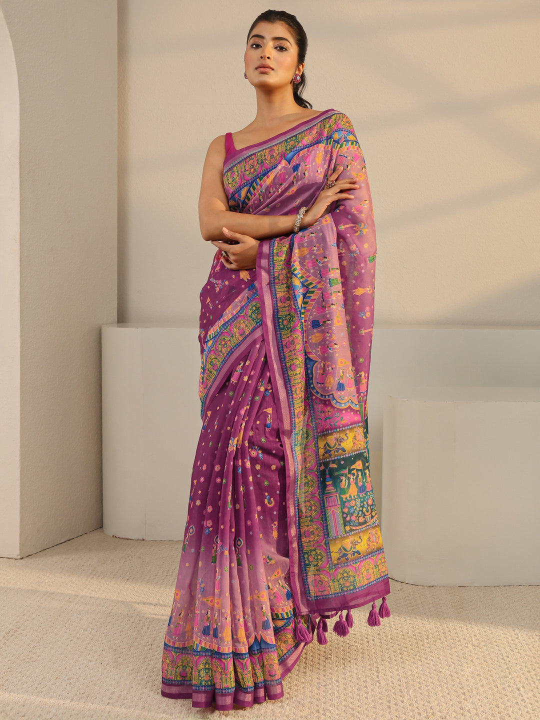  Purple Tribal Printed Silk Blend Tassel Saree With Unstitched Blouse Piece 