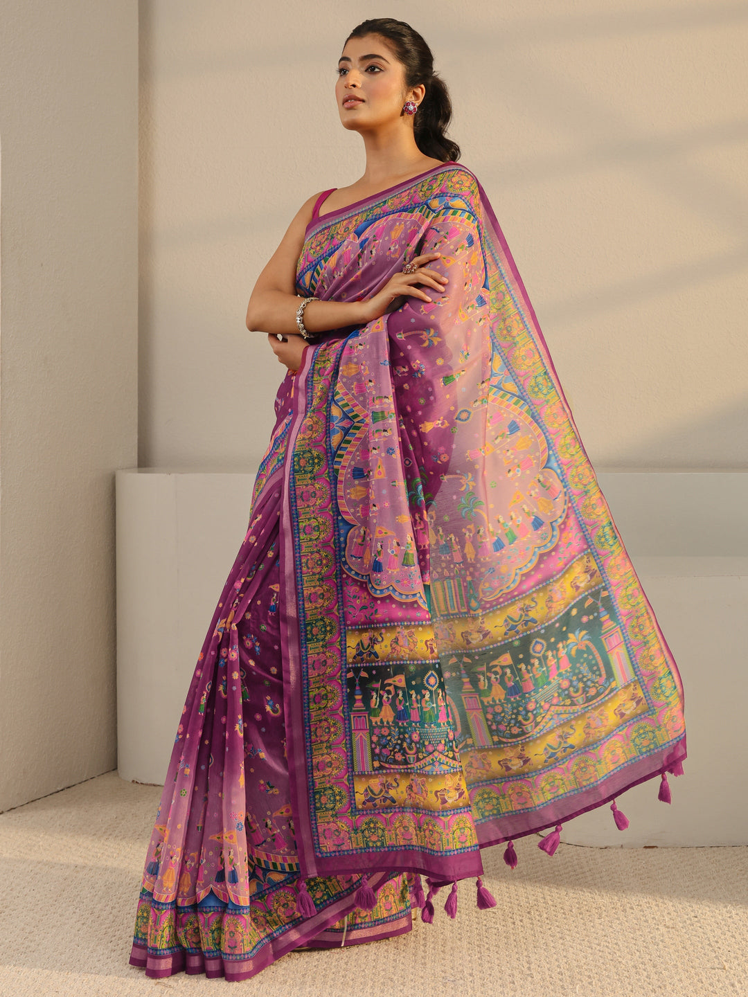  Purple Tribal Printed Silk Blend Tassel Saree With Unstitched Blouse Piece 