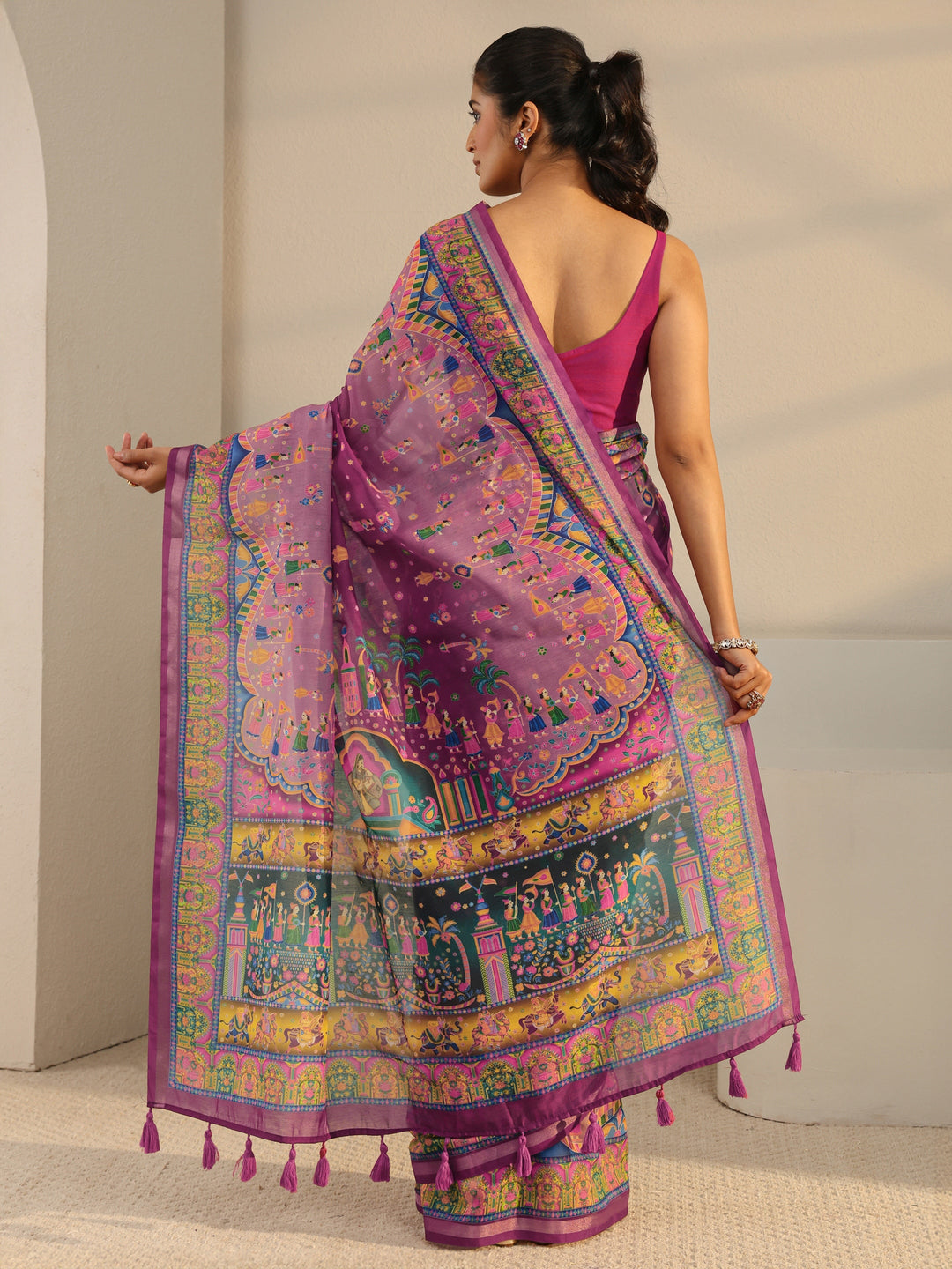  Purple Tribal Printed Silk Blend Tassel Saree With Unstitched Blouse Piece 
