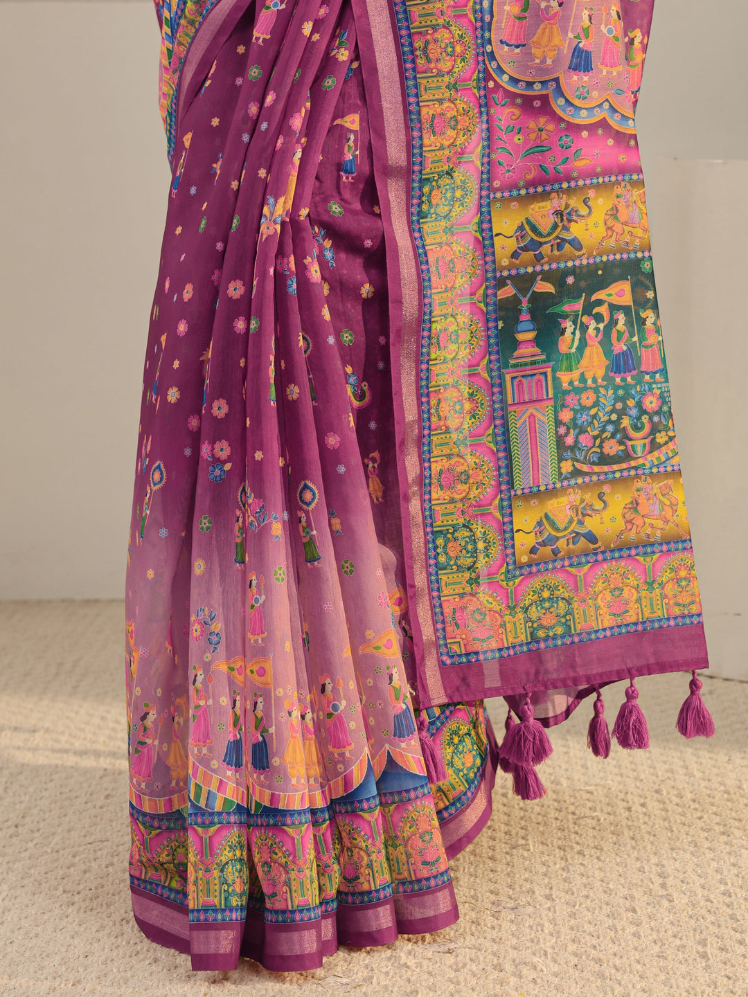  Purple Tribal Printed Silk Blend Tassel Saree With Unstitched Blouse Piece 