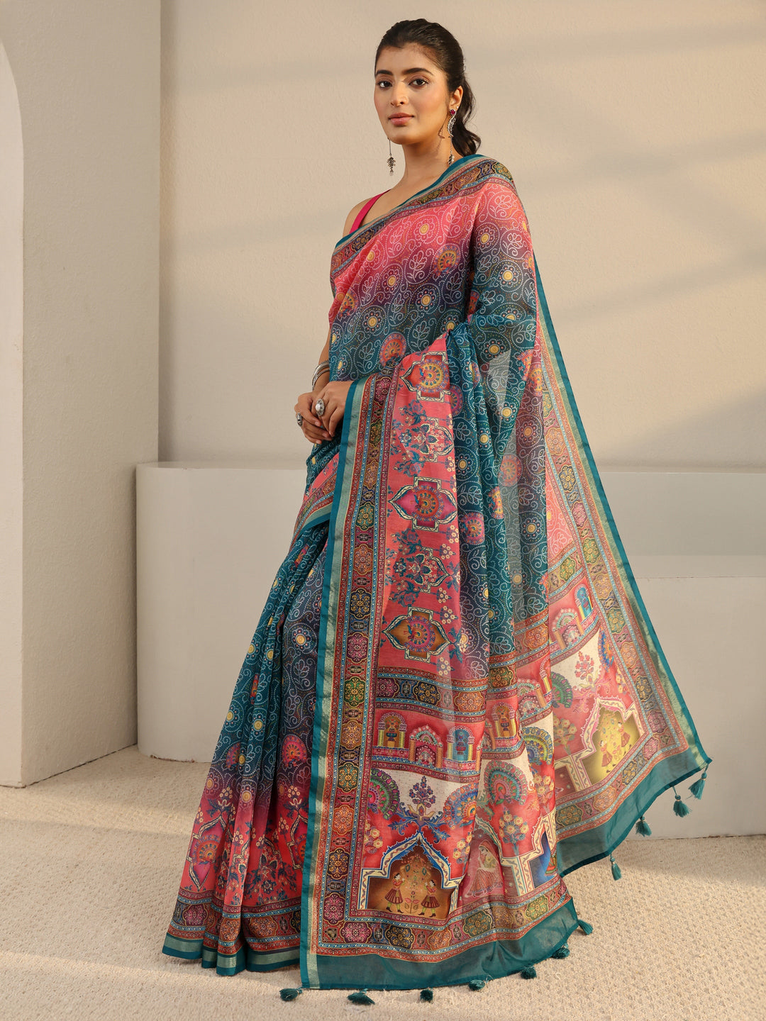  Green Bandhani Printed Silk Blend Tassel Saree With Unstitched Blouse Piece 