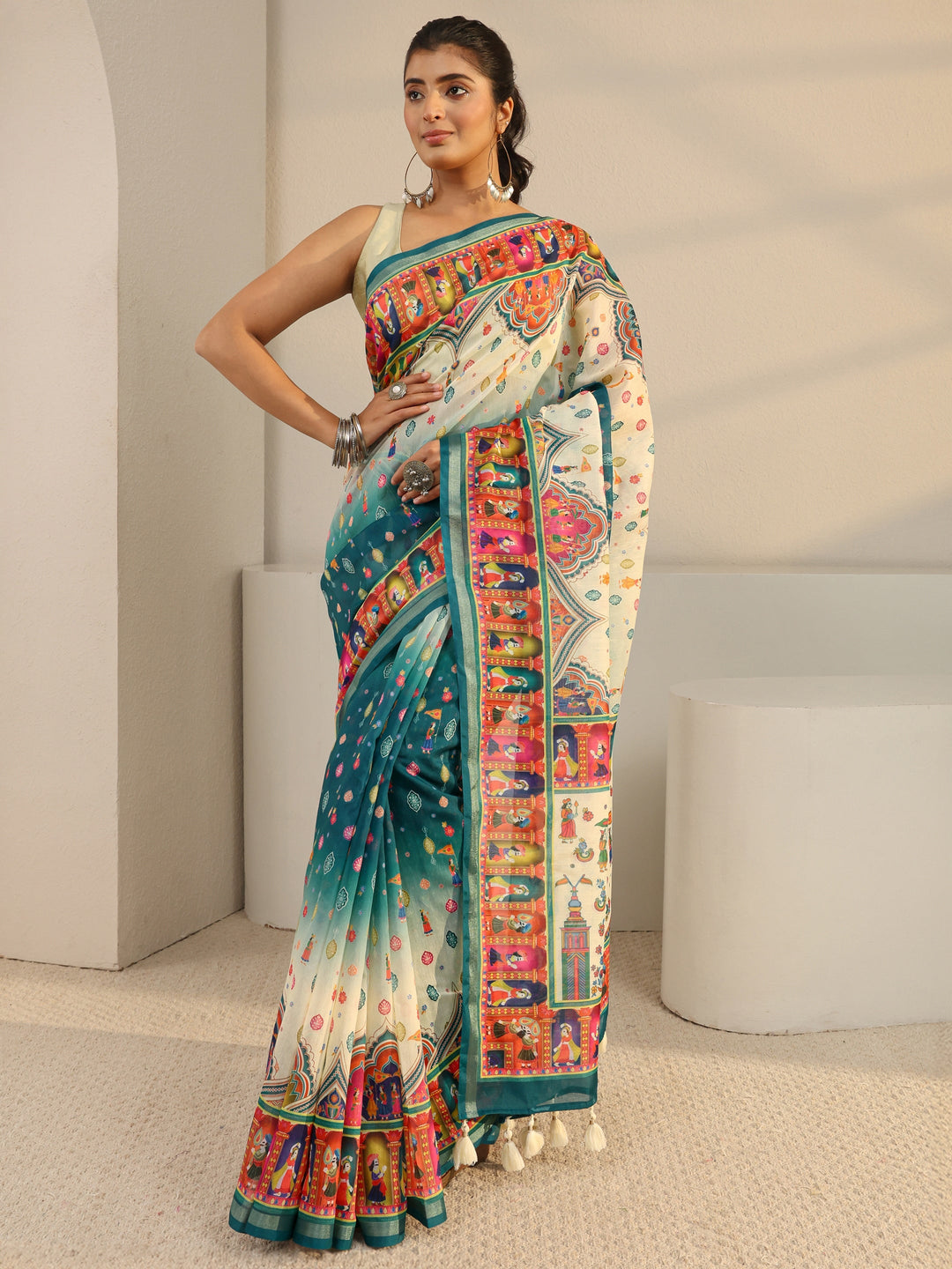  Green Tribal Printed Silk Blend Ombre Tassel Saree With Unstitched Blouse Piece 
