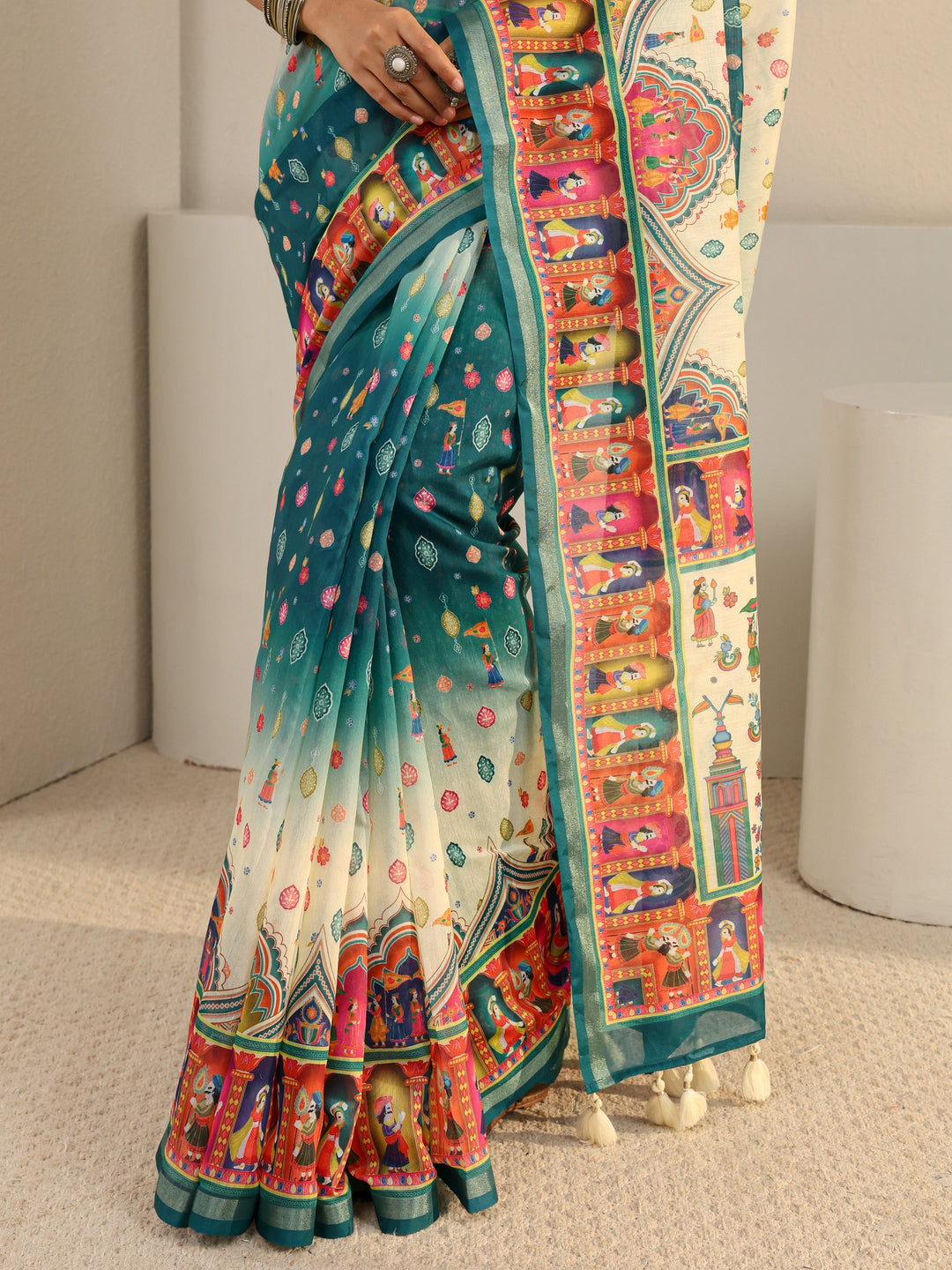  Green Tribal Printed Silk Blend Ombre Tassel Saree With Unstitched Blouse Piece 