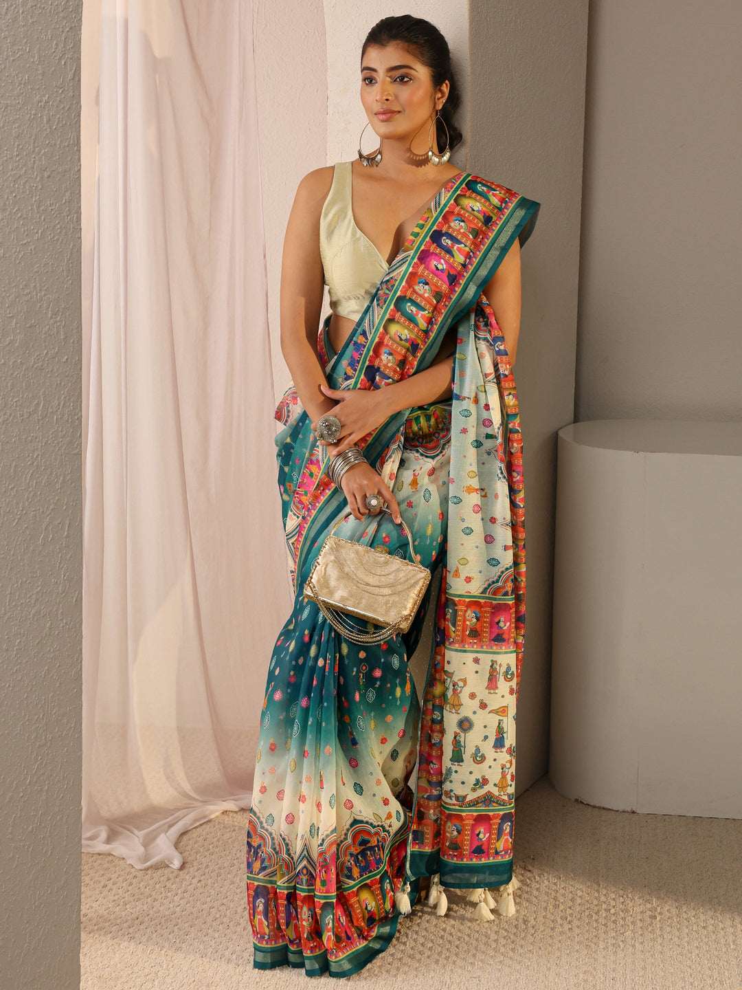  Green Tribal Printed Silk Blend Ombre Tassel Saree With Unstitched Blouse Piece 