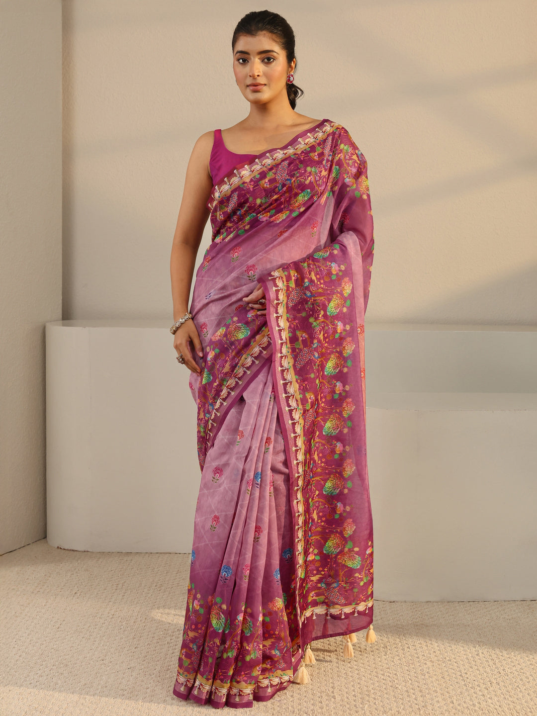  Purple Floral Printed Silk Blend Ombre Tassel Saree With Unstitched Blouse Piece 