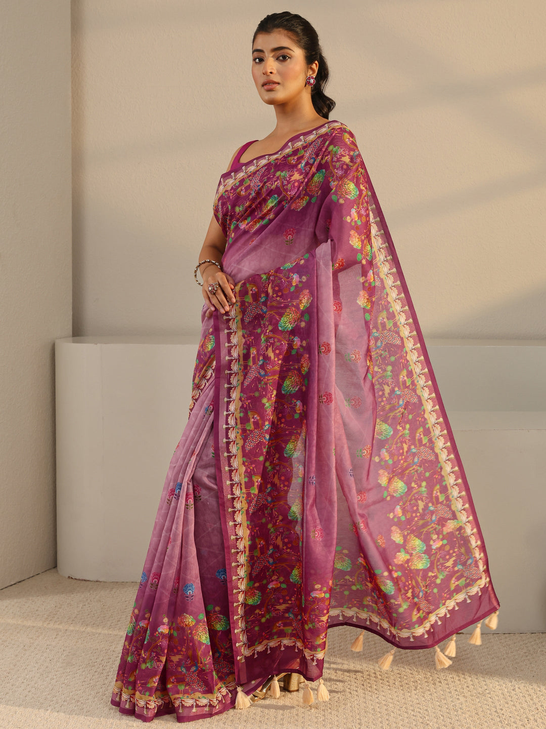  Purple Floral Printed Silk Blend Ombre Tassel Saree With Unstitched Blouse Piece 