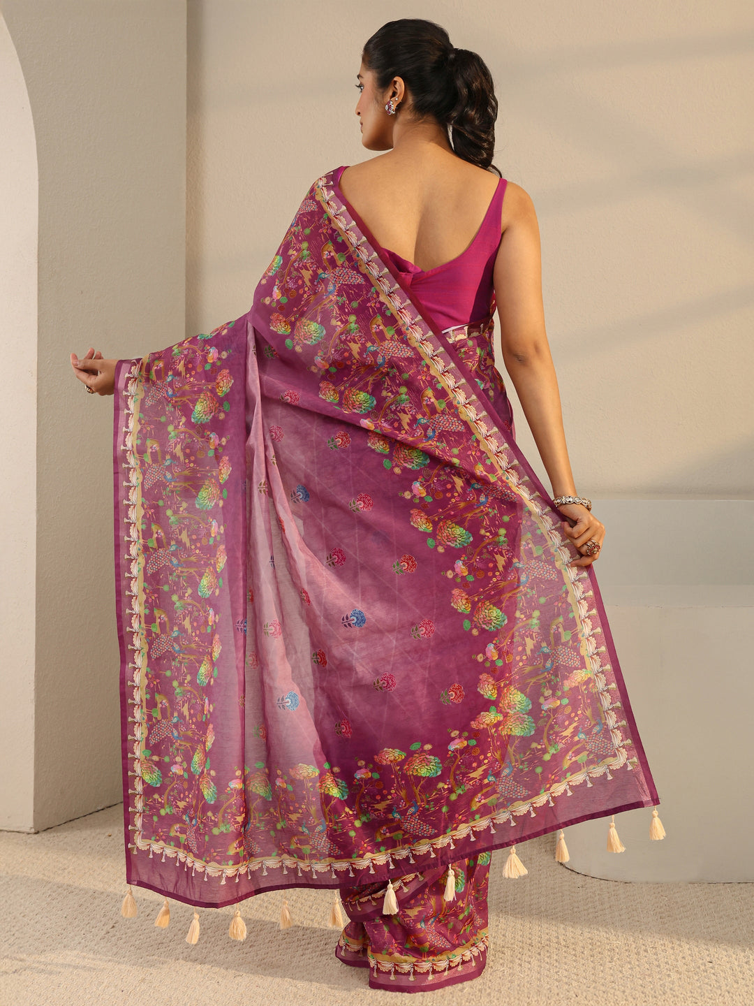  Purple Floral Printed Silk Blend Ombre Tassel Saree With Unstitched Blouse Piece 