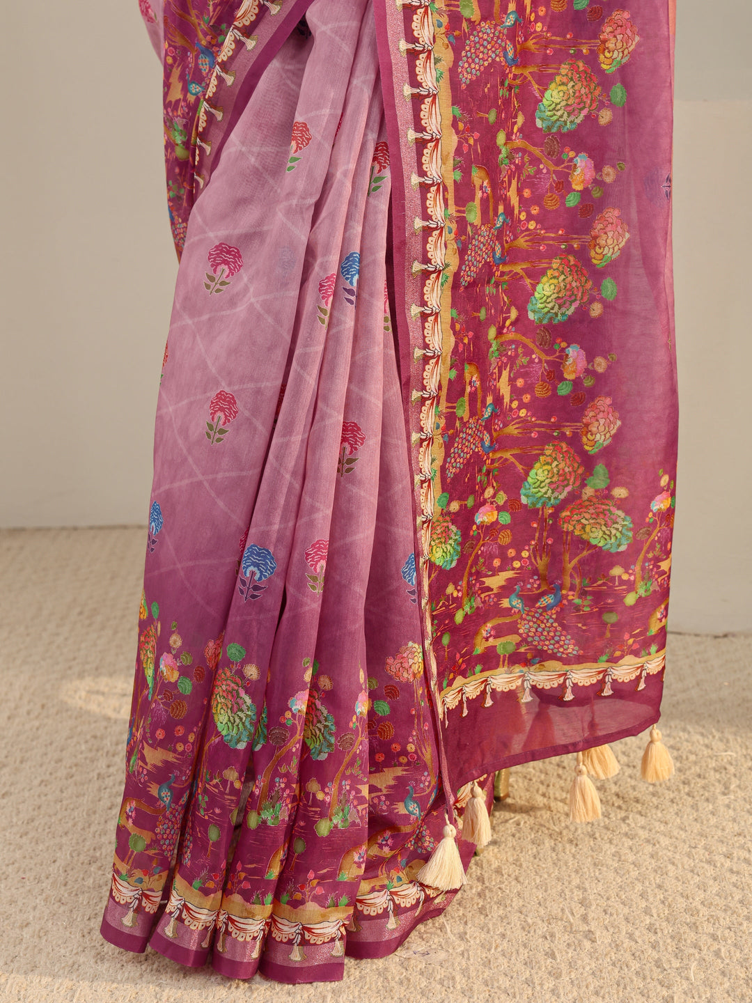  Purple Floral Printed Silk Blend Ombre Tassel Saree With Unstitched Blouse Piece 